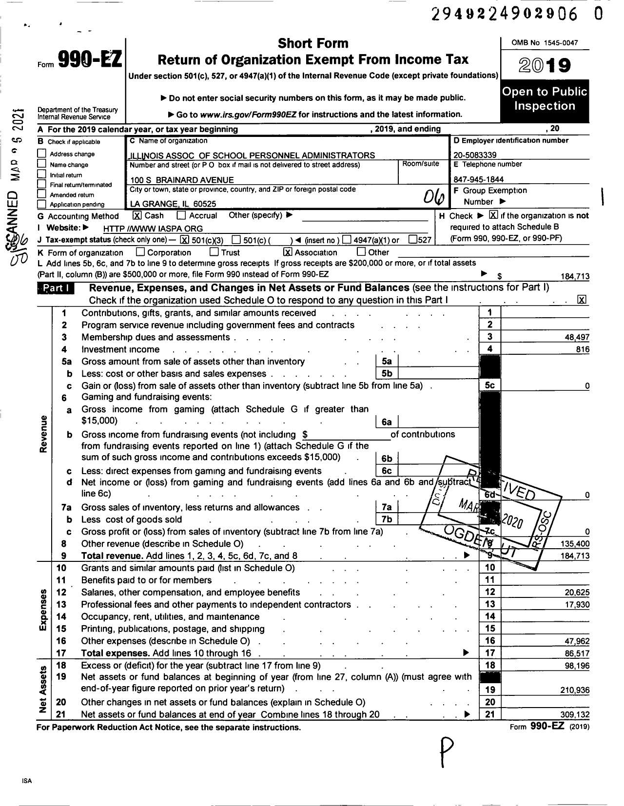 Image of first page of 2019 Form 990EO for Illinois Association of School Personnel Administrators (IASPA)