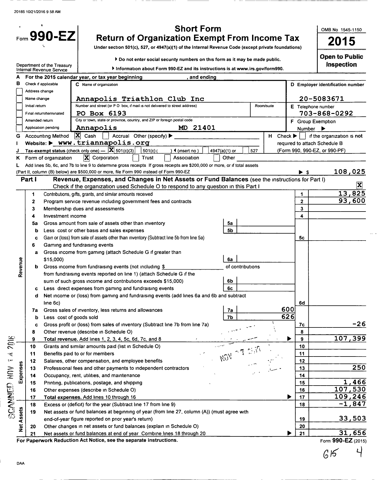 Image of first page of 2015 Form 990EZ for Annapolis Triathlon Club