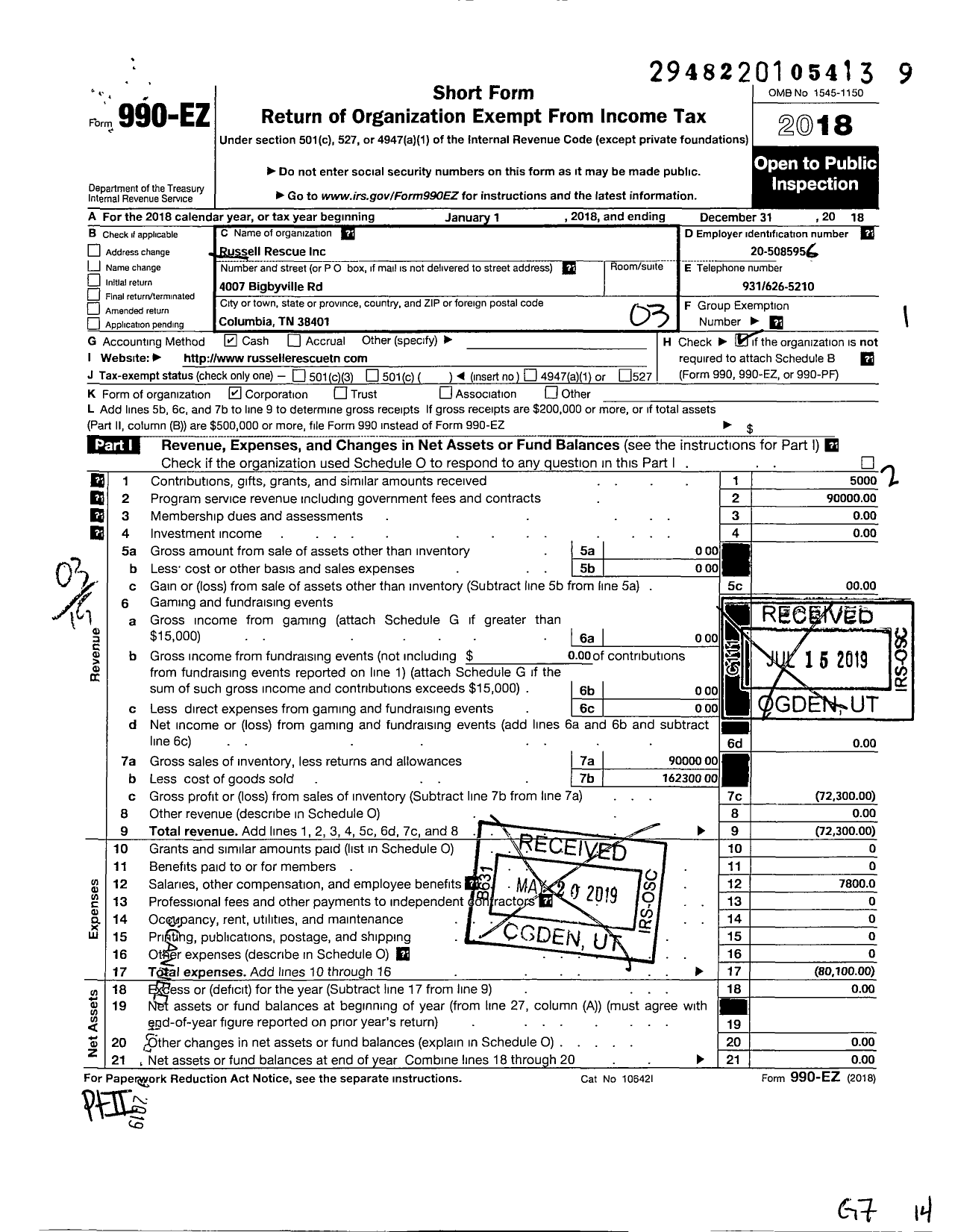 Image of first page of 2018 Form 990EZ for Russell Rescue