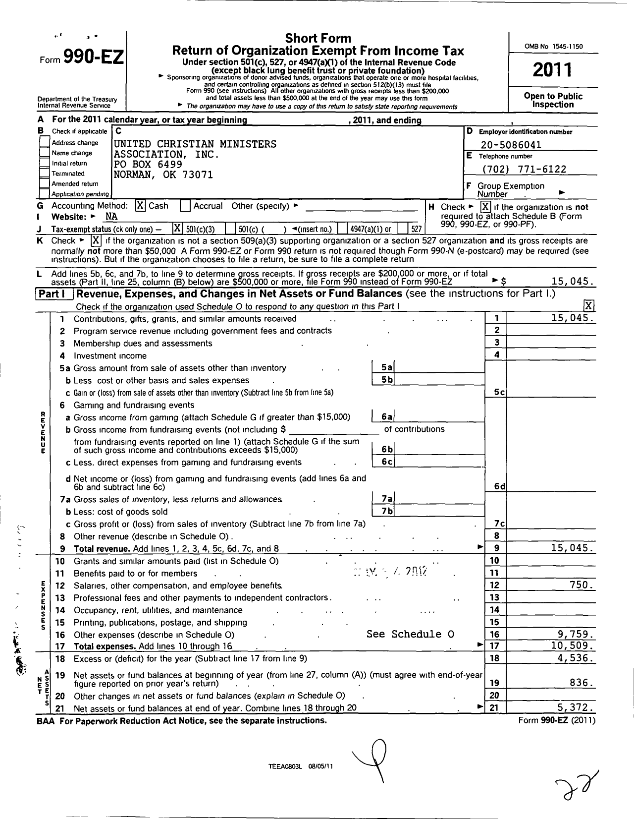 Image of first page of 2011 Form 990EZ for United Christian Ministers Association