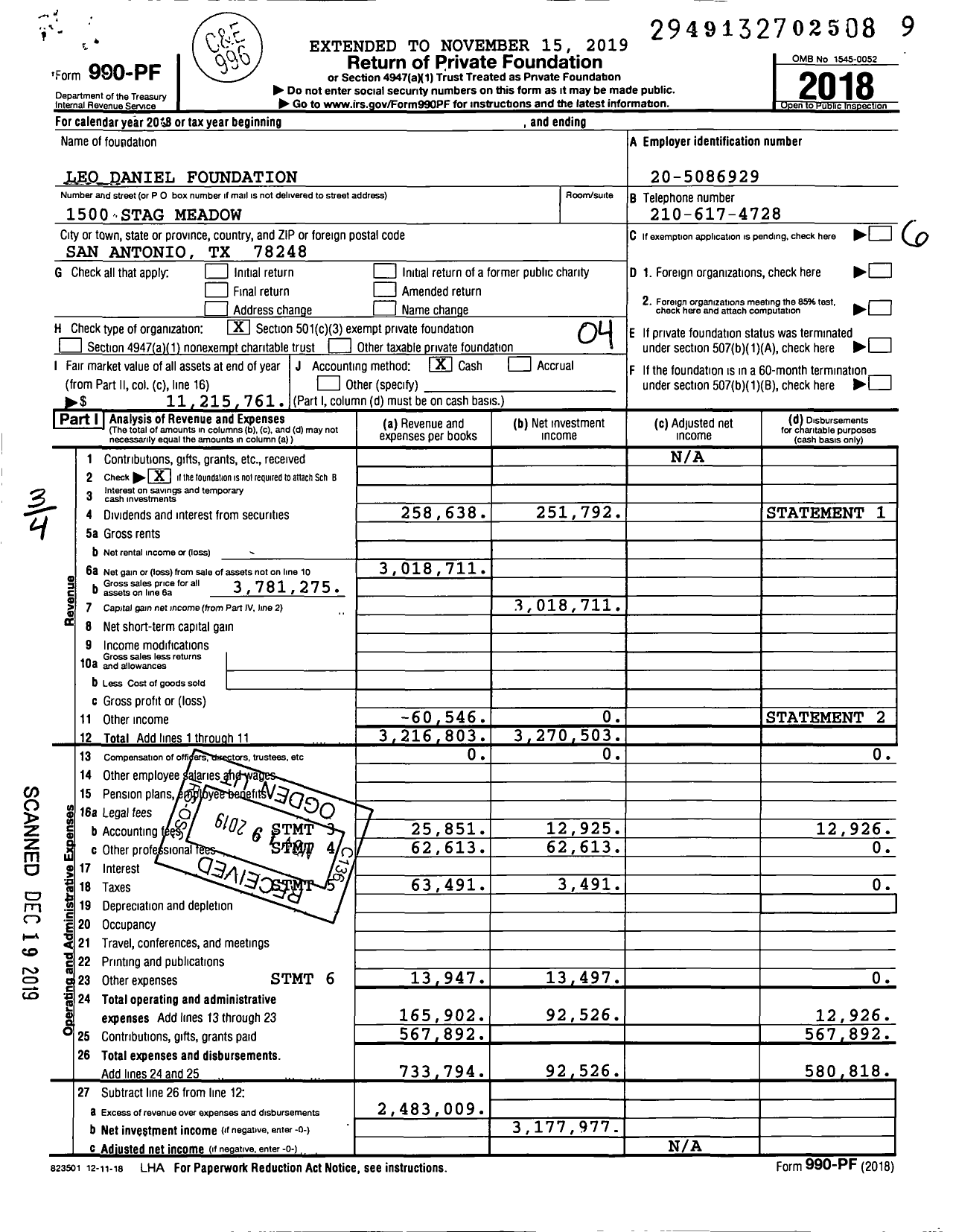 Image of first page of 2018 Form 990PF for Leo Daniel Foundation