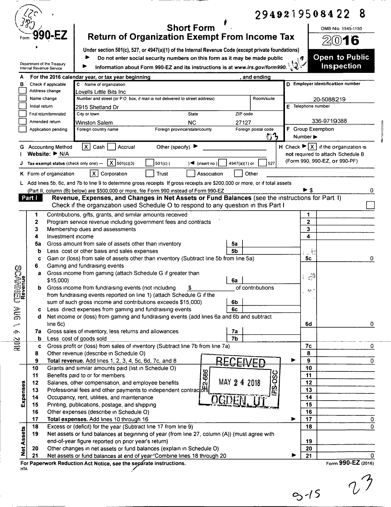 Image of first page of 2016 Form 990EZ for Lovells Little Bits