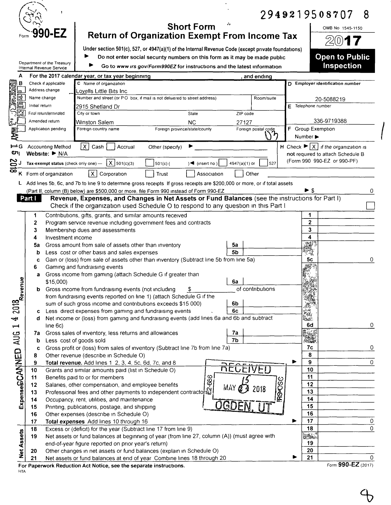 Image of first page of 2017 Form 990EZ for Lovells Little Bits