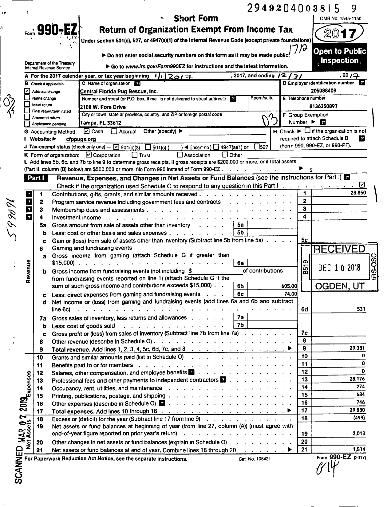 Image of first page of 2017 Form 990EZ for Central Florida Pug Rescue