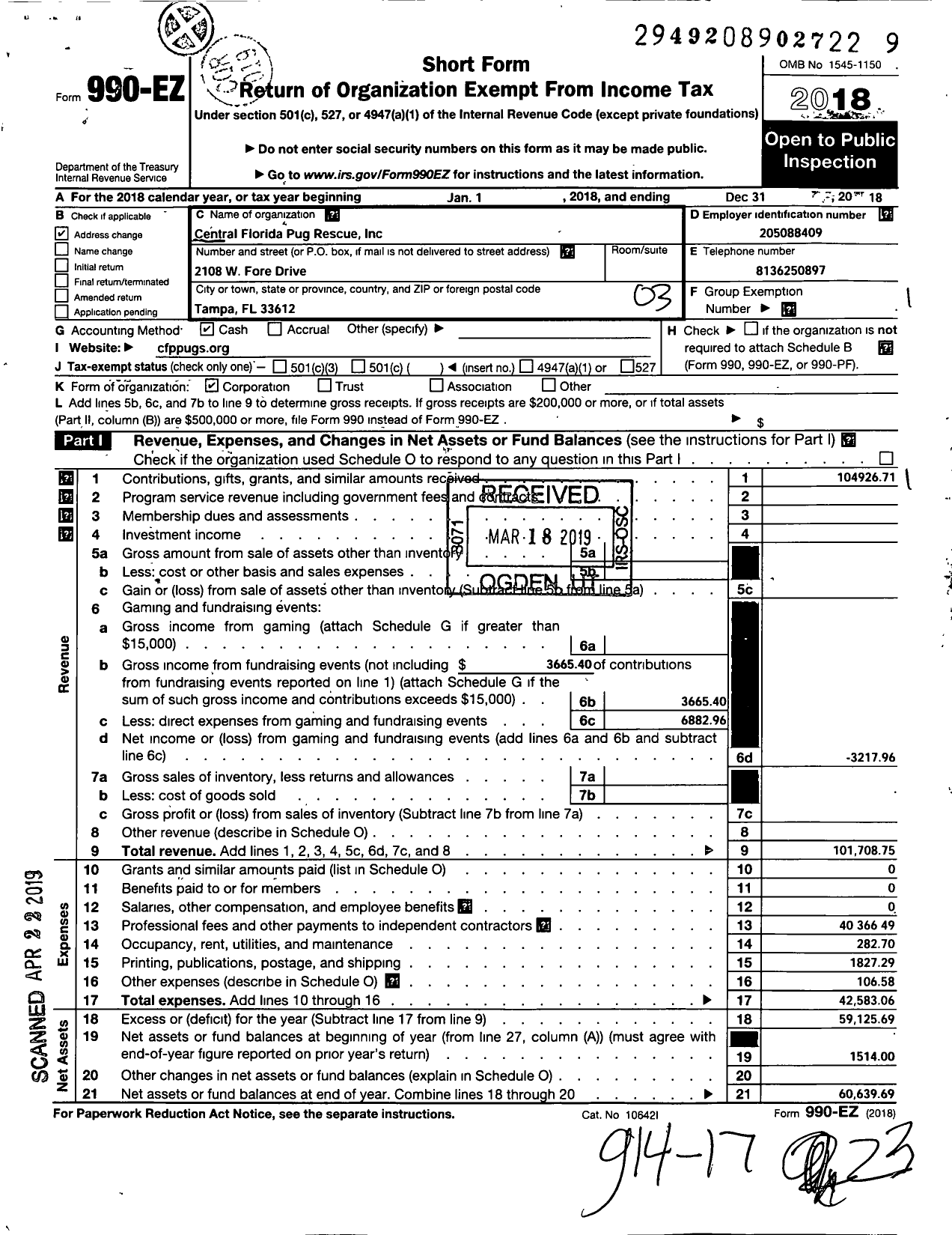 Image of first page of 2018 Form 990EZ for Central Florida Pug Rescue