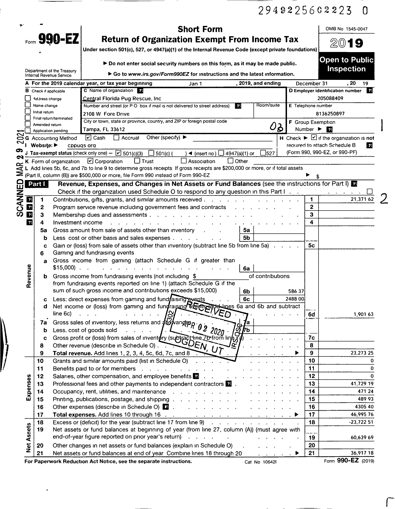 Image of first page of 2019 Form 990EZ for Central Florida Pug Rescue