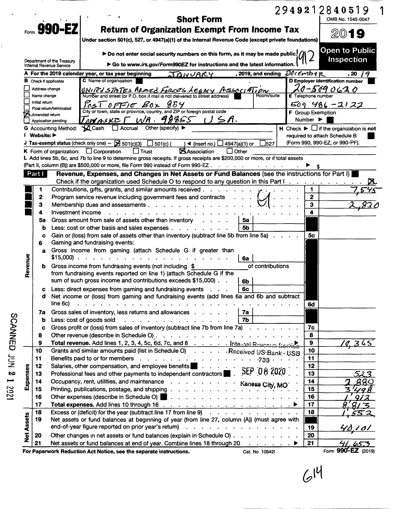 Image of first page of 2019 Form 990EZ for U S Armed Forces Legacy Association