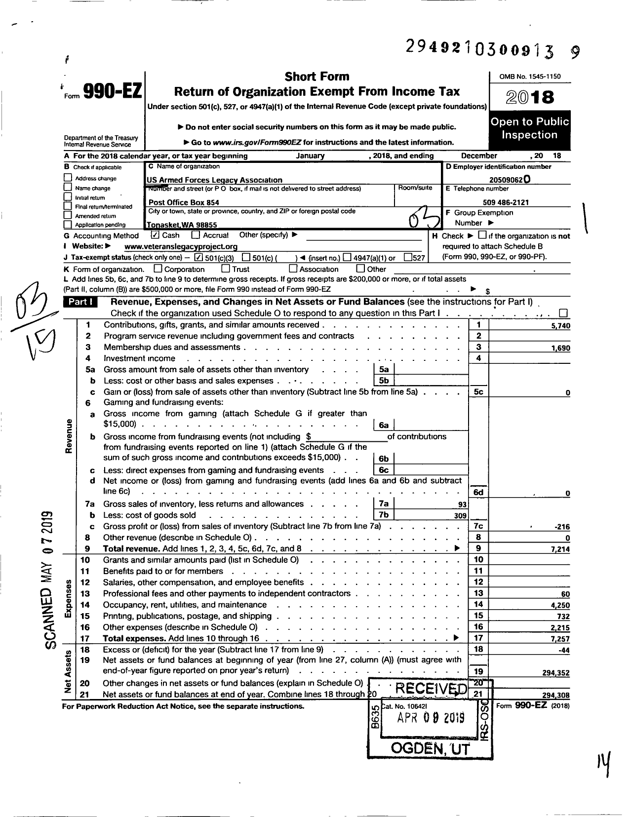 Image of first page of 2018 Form 990EZ for U S Armed Forces Legacy Association