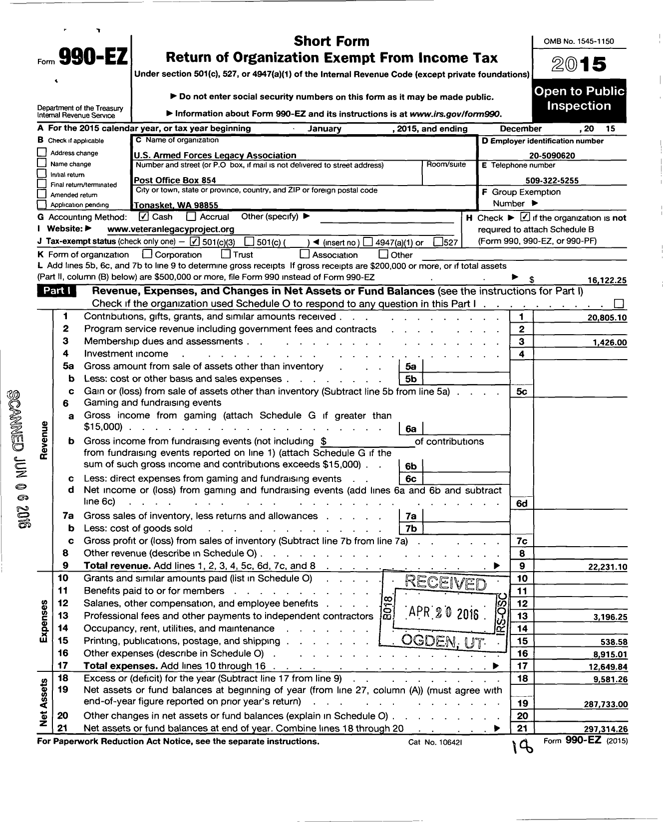 Image of first page of 2015 Form 990EZ for U S Armed Forces Legacy Association