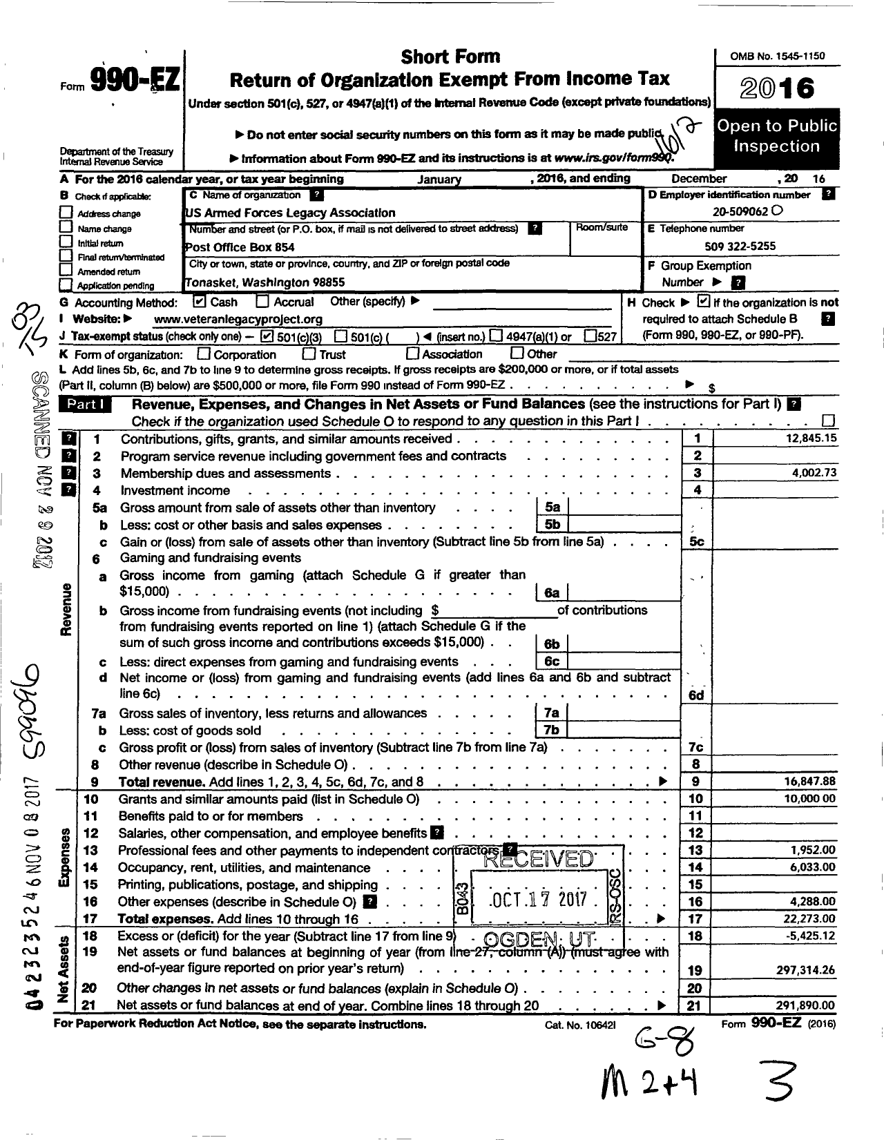 Image of first page of 2016 Form 990EZ for U S Armed Forces Legacy Association