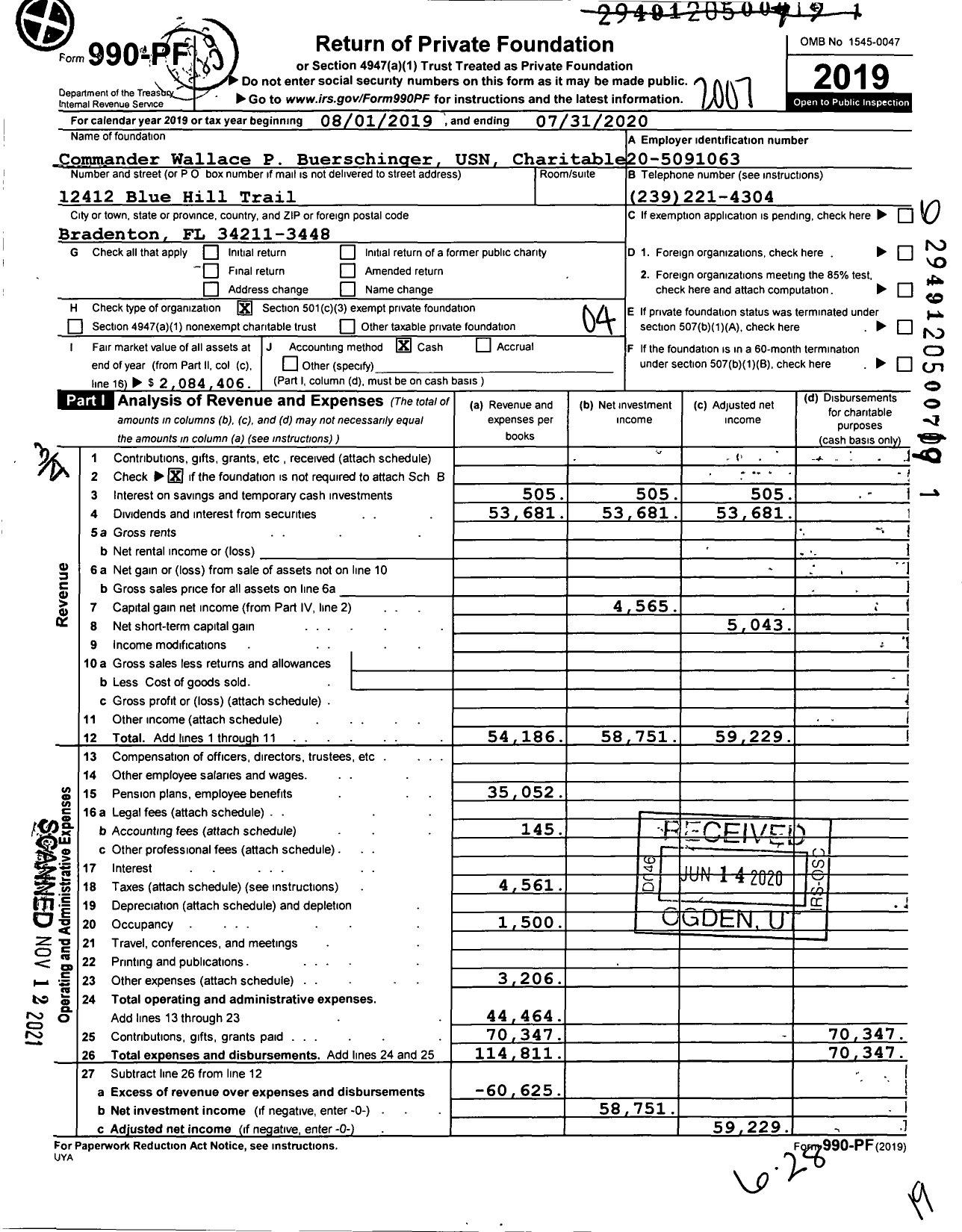 Image of first page of 2019 Form 990PF for Commander Wallace P Pbuerschinger