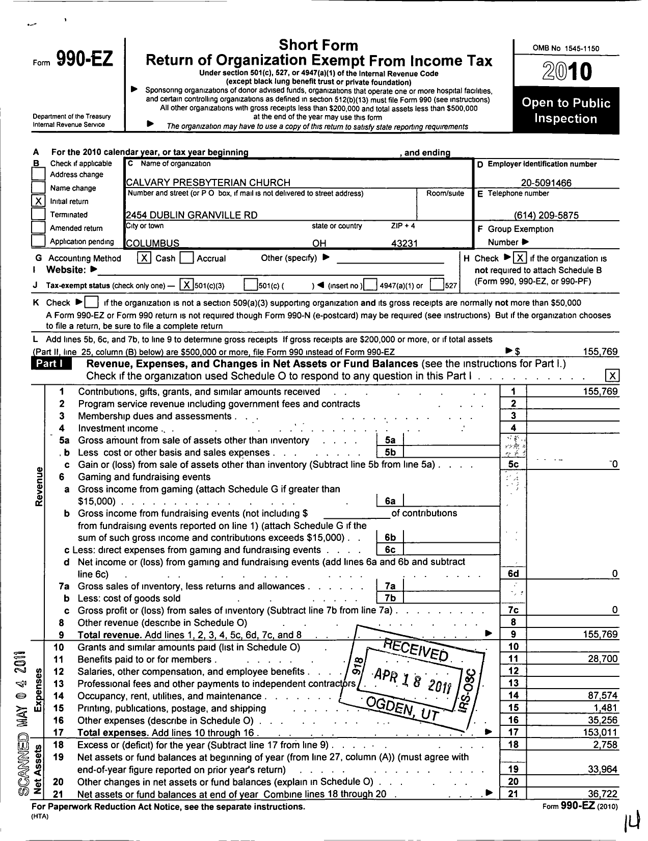 Image of first page of 2010 Form 990EZ for Presbyterian Church of Ghana Calvary Congregation Columbus Ohio