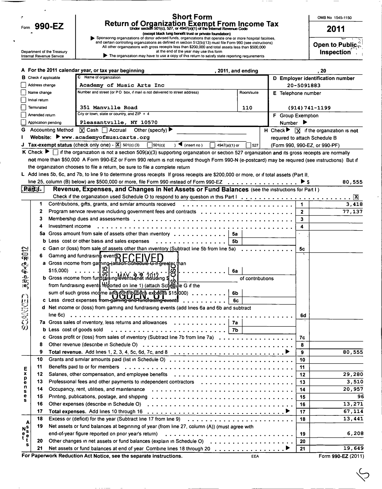 Image of first page of 2011 Form 990EZ for Academy of Music Arts