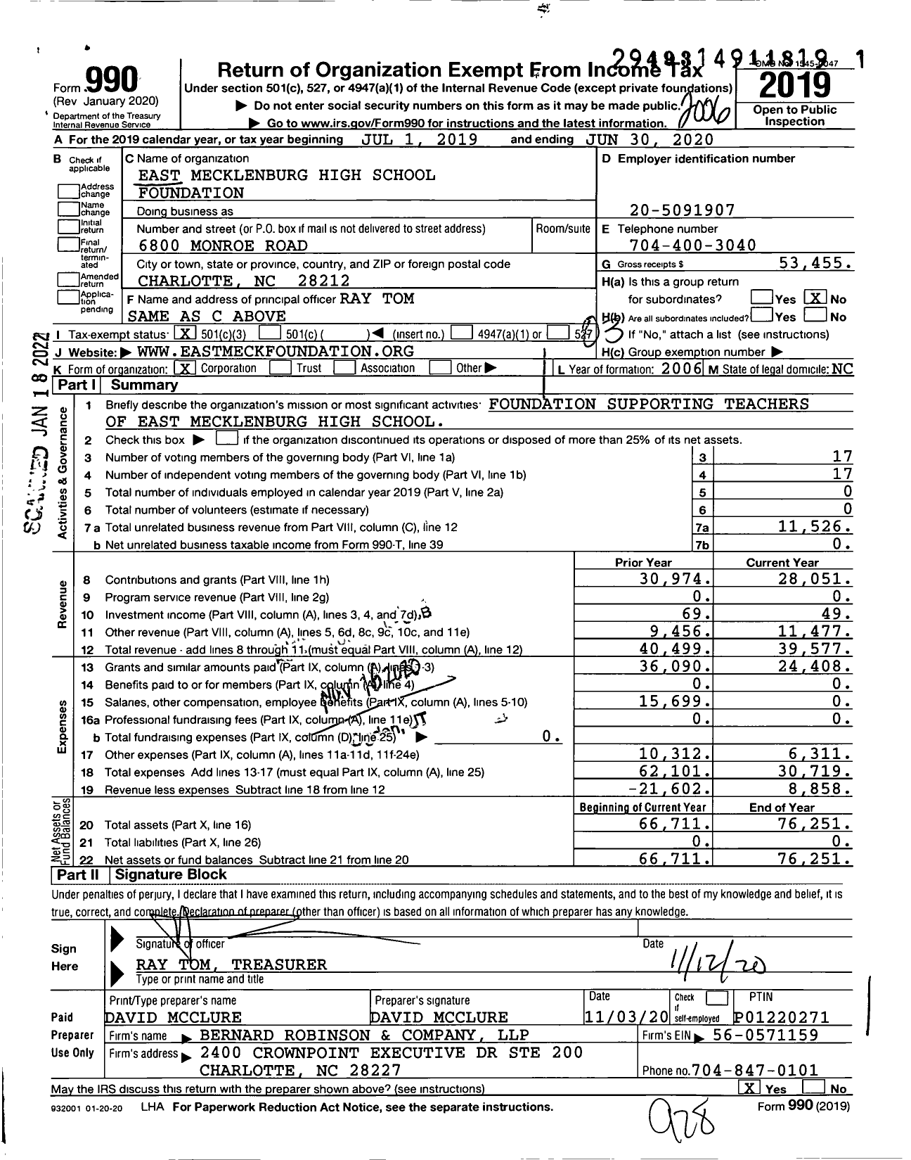 Image of first page of 2019 Form 990 for East Mecklenburg High School Foundation