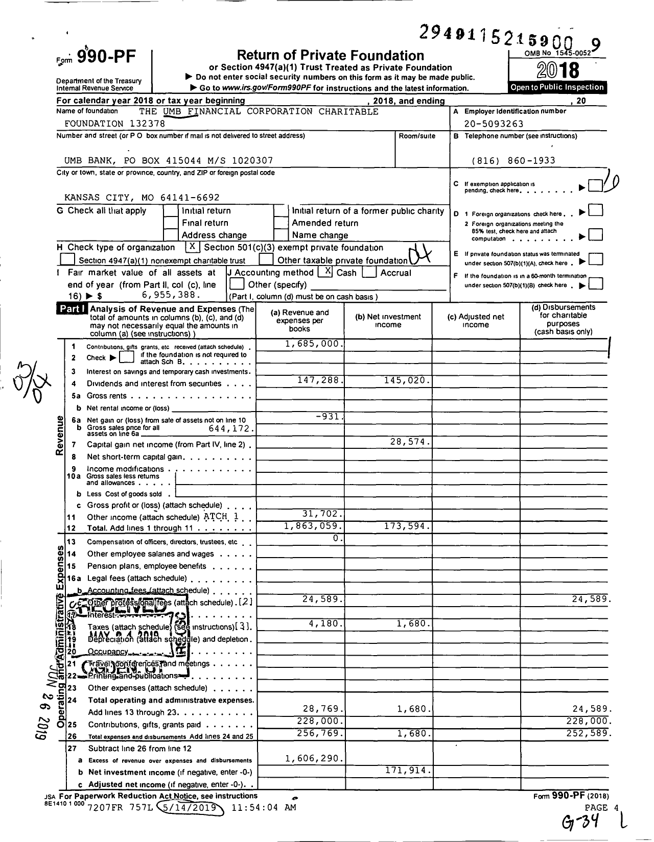 Image of first page of 2018 Form 990PF for Umb Financial Corporation Charitable