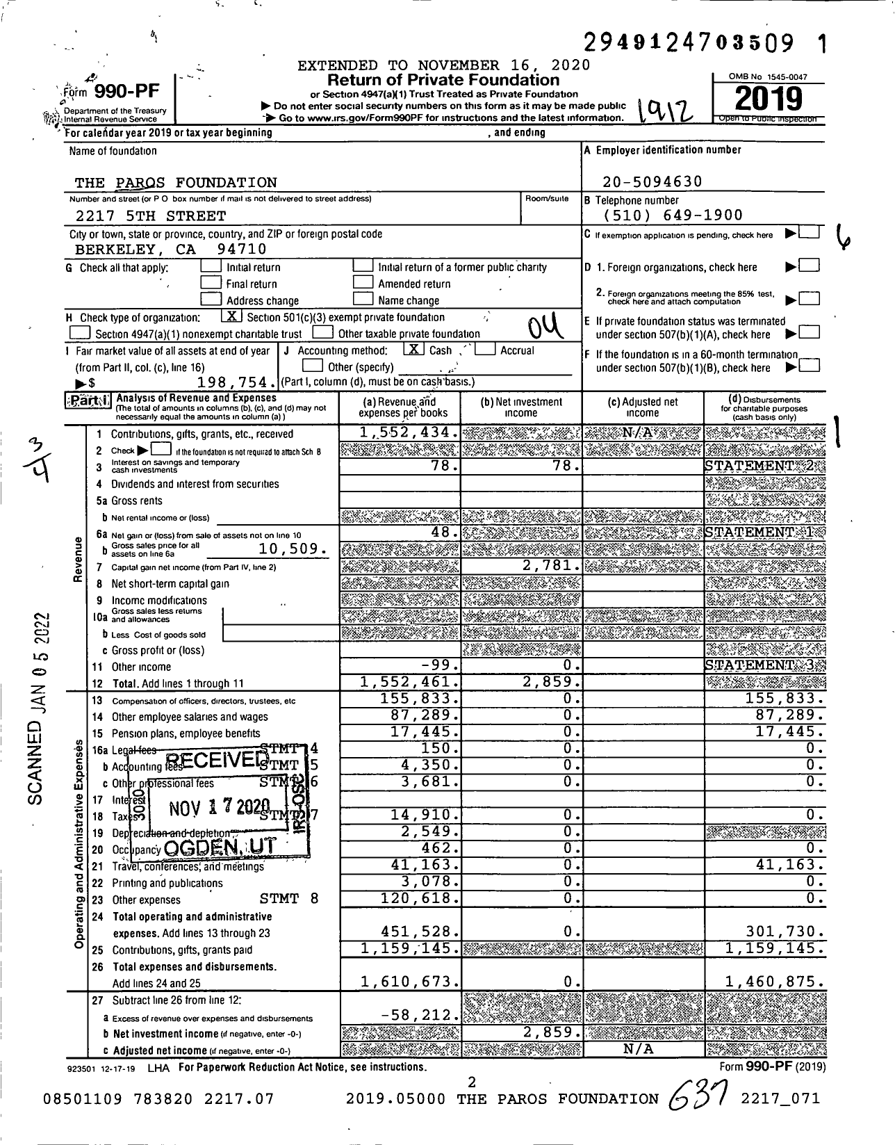 Image of first page of 2019 Form 990PF for The Paros Foundation