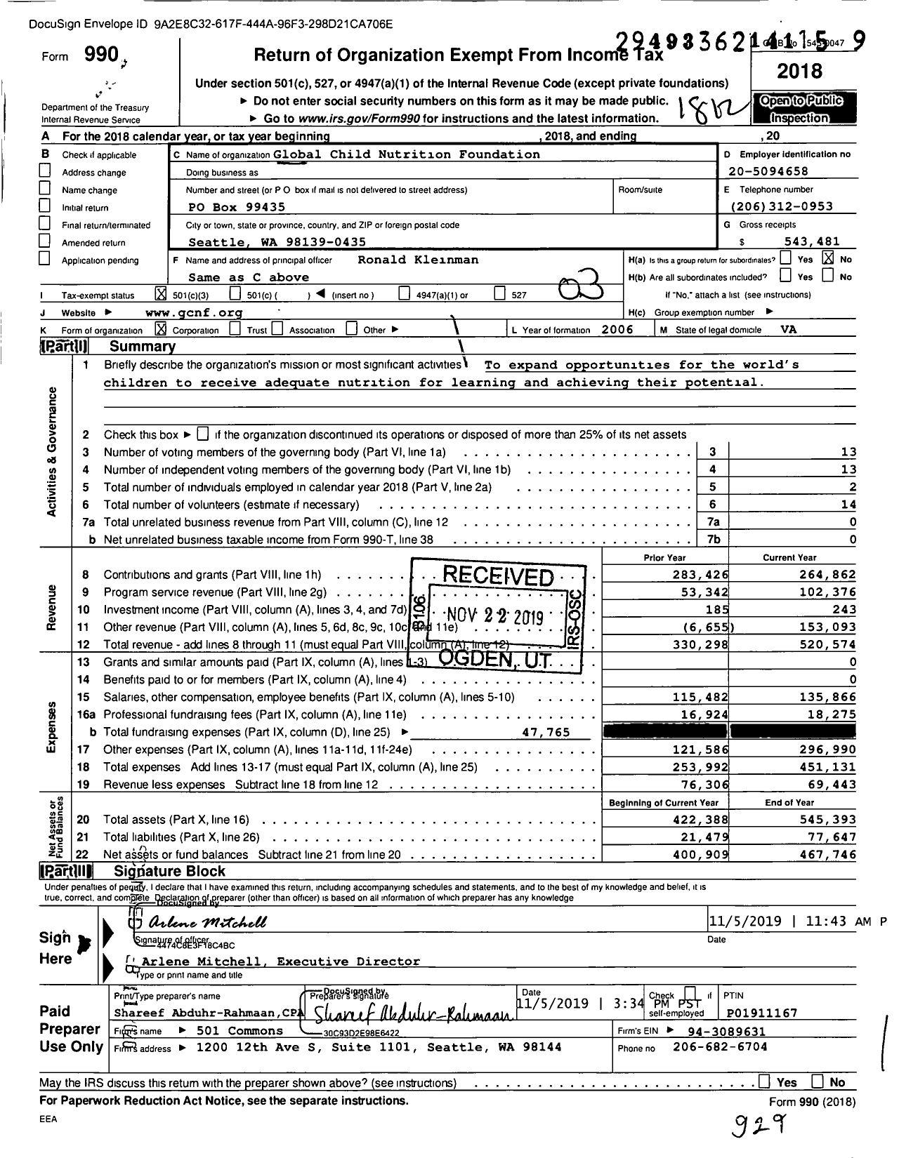 Image of first page of 2018 Form 990 for Global Child Nutrition Foundation