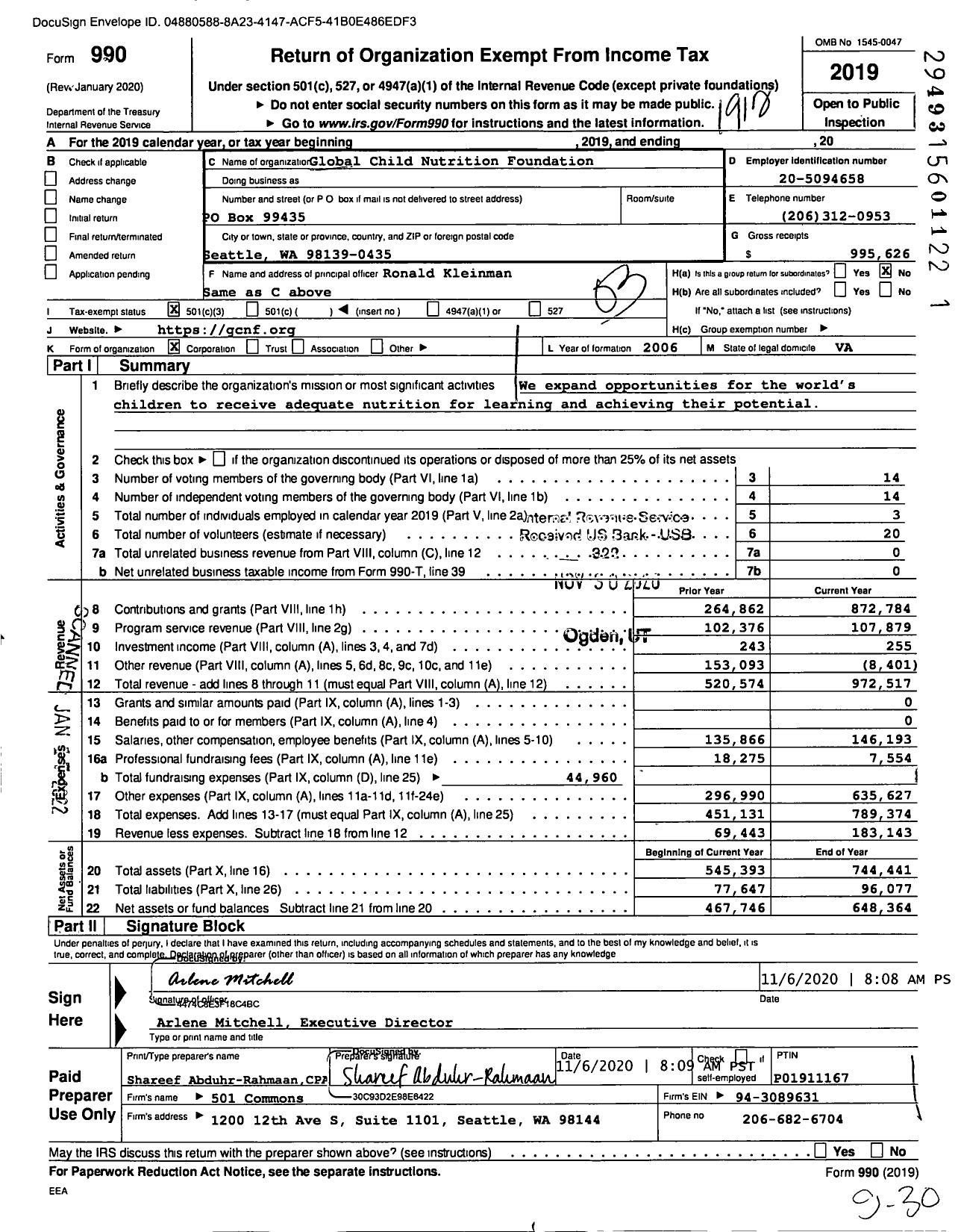 Image of first page of 2019 Form 990 for Global Child Nutrition Foundation