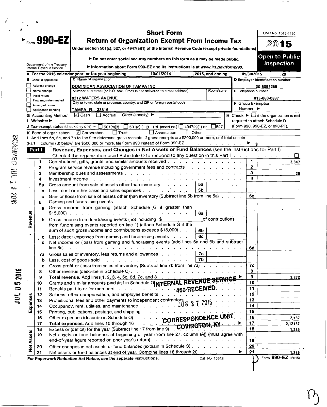 Image of first page of 2014 Form 990EO for Dominican Association of Tampa