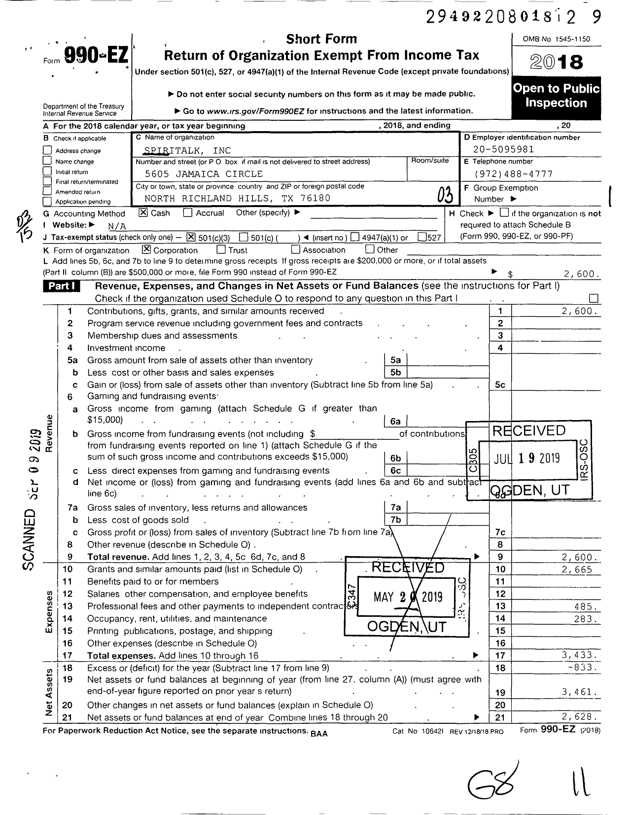 Image of first page of 2018 Form 990EZ for Spiritalk