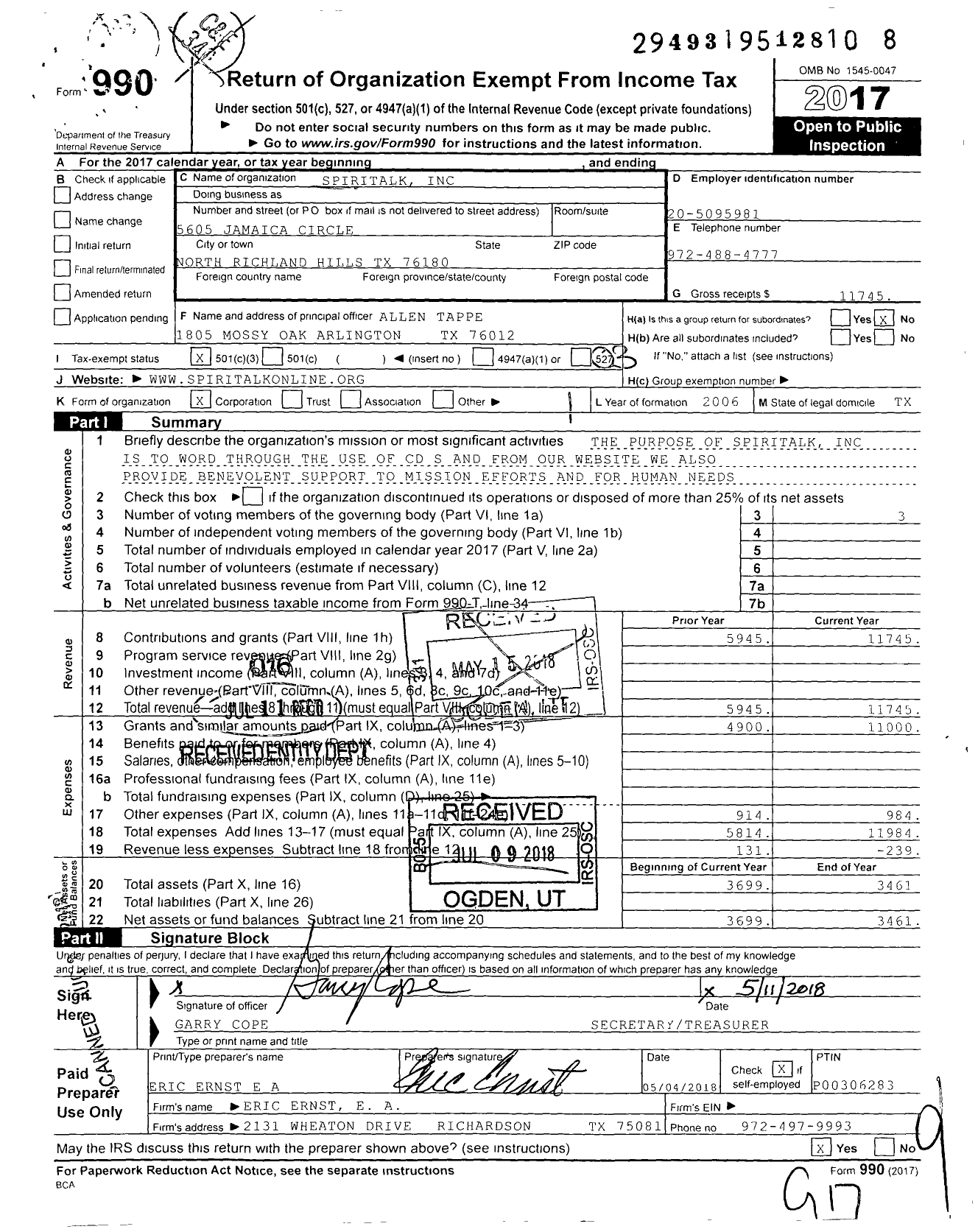 Image of first page of 2017 Form 990 for Spiritalk