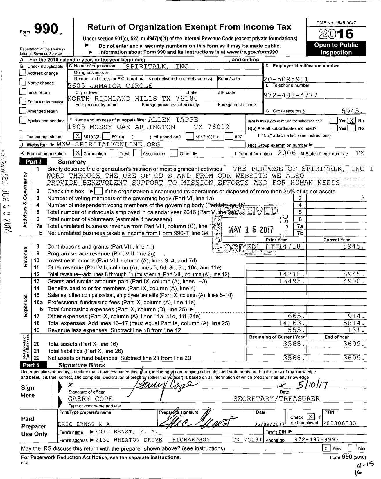 Image of first page of 2016 Form 990 for Spiritalk