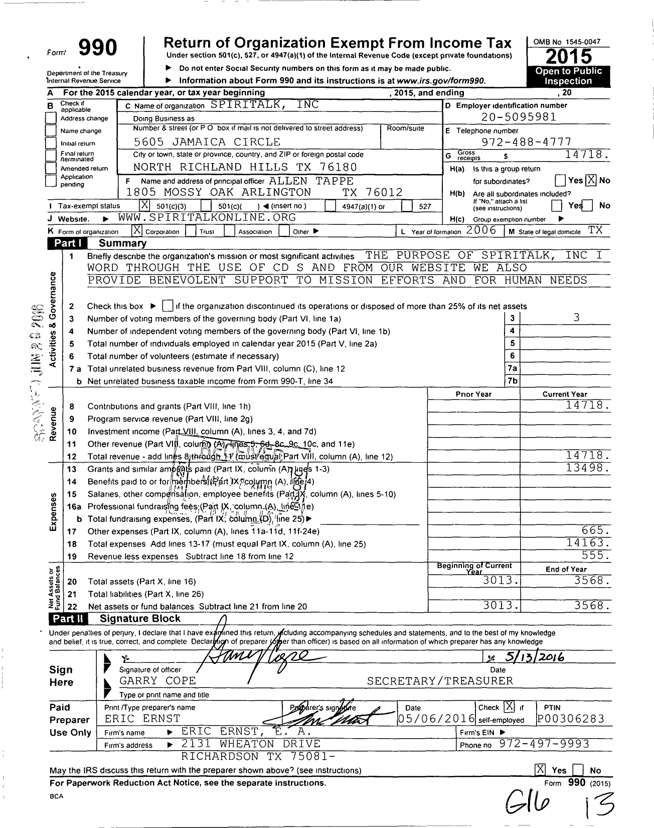 Image of first page of 2015 Form 990 for Spiritalk