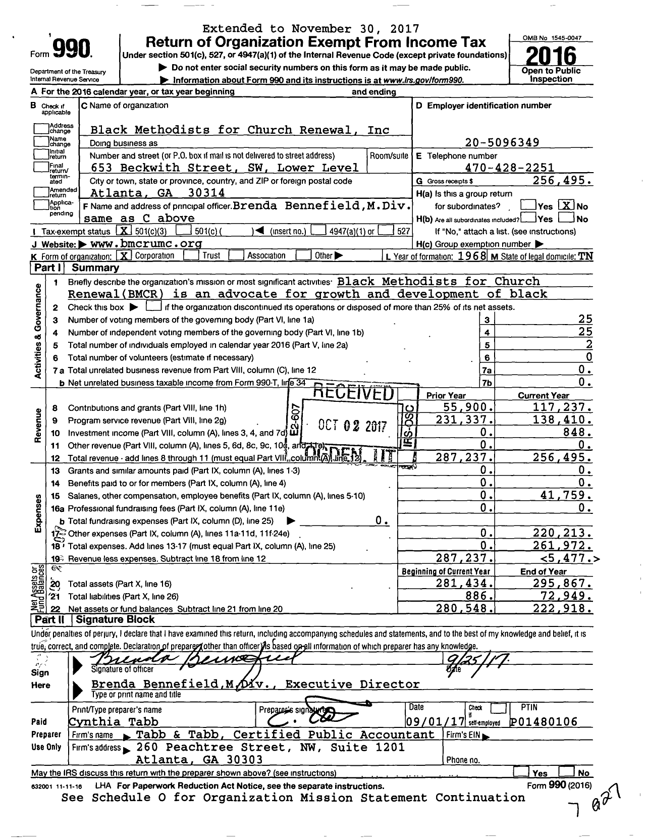 Image of first page of 2016 Form 990 for Black Methodists for Church Renewal