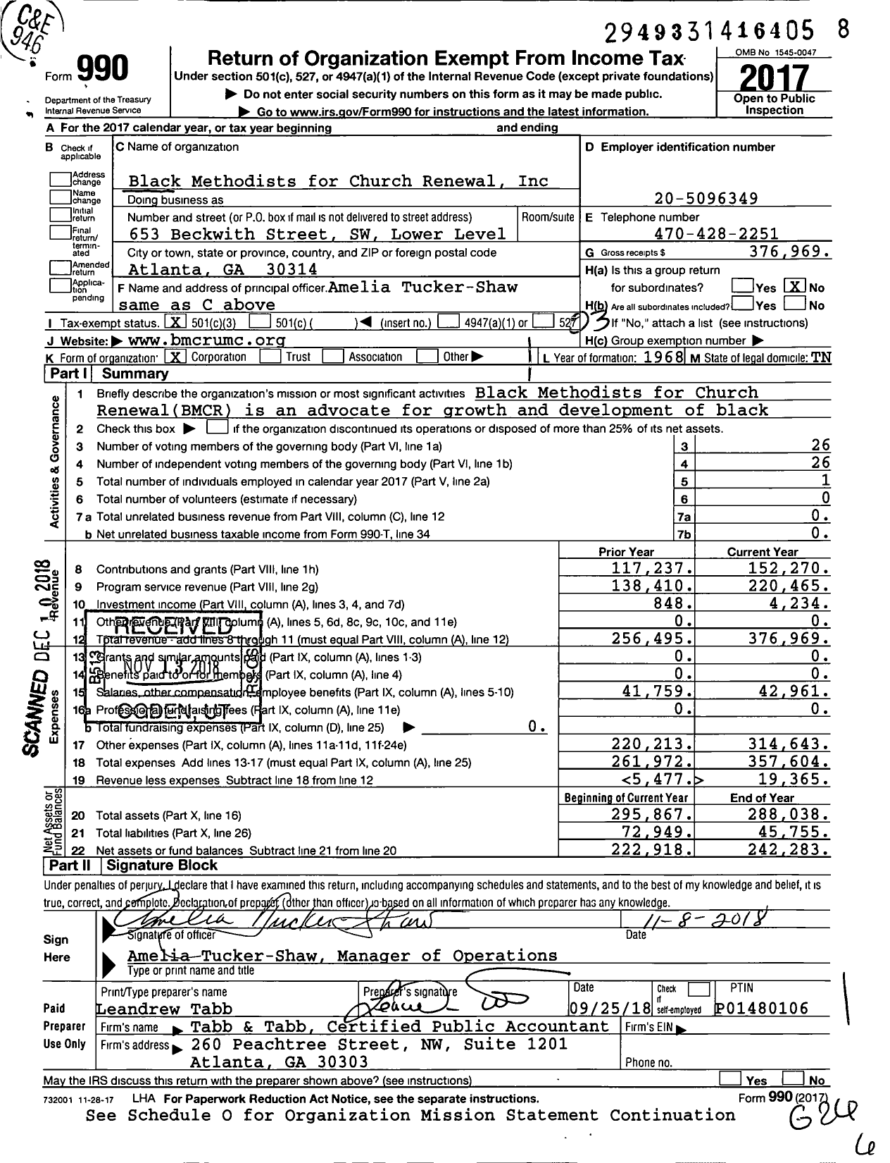 Image of first page of 2017 Form 990 for Black Methodists for Church Renewal