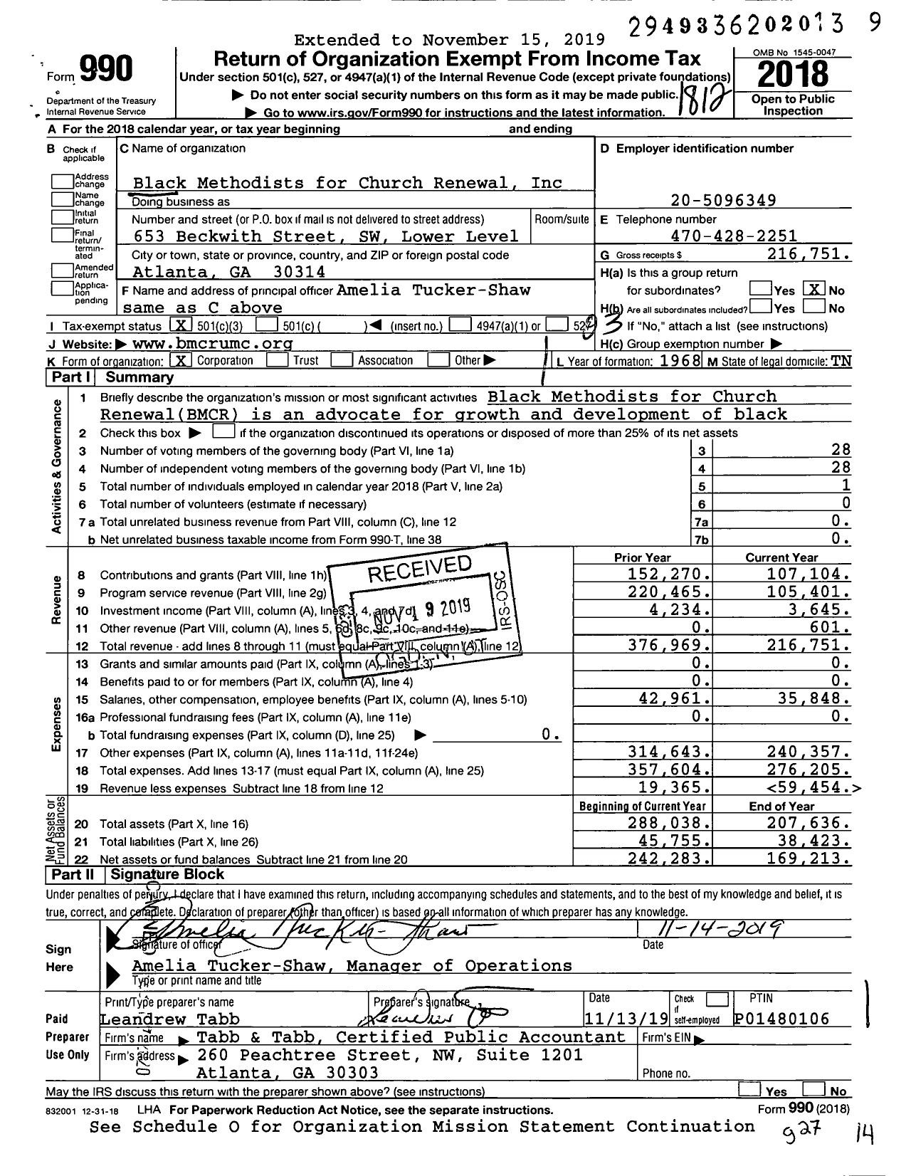 Image of first page of 2018 Form 990 for Black Methodists for Church Renewal