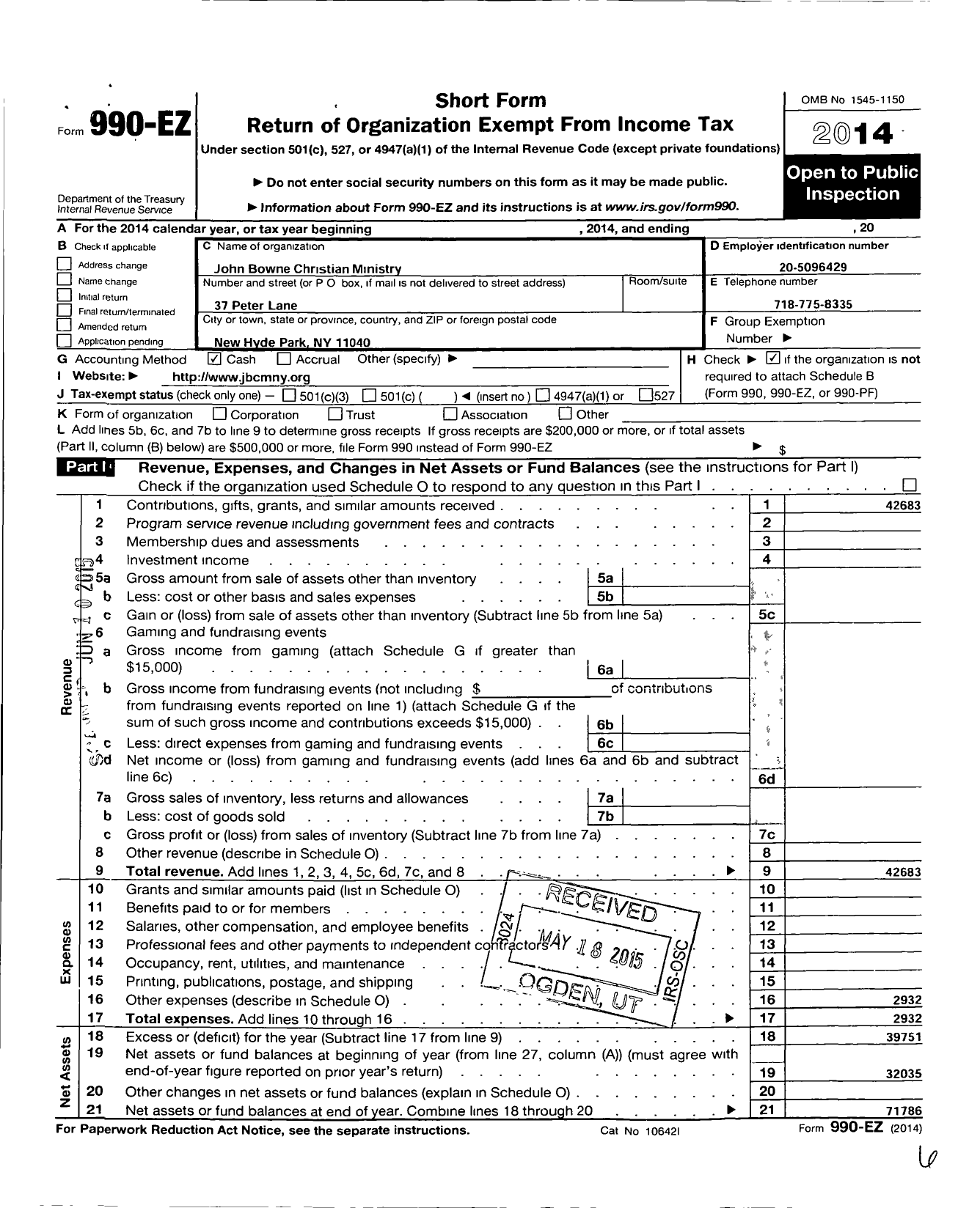 Image of first page of 2014 Form 990EO for John Bowne Christian Ministry