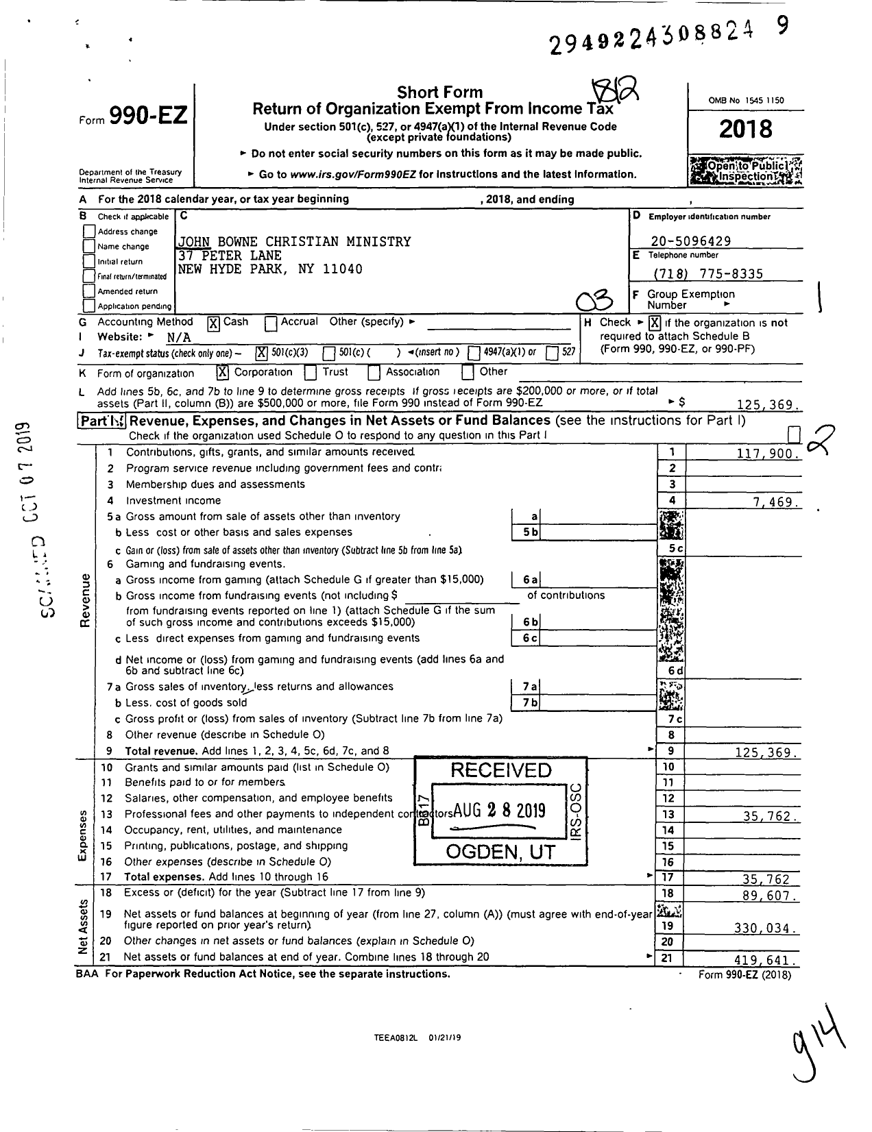 Image of first page of 2018 Form 990EZ for John Bowne Christian Ministry