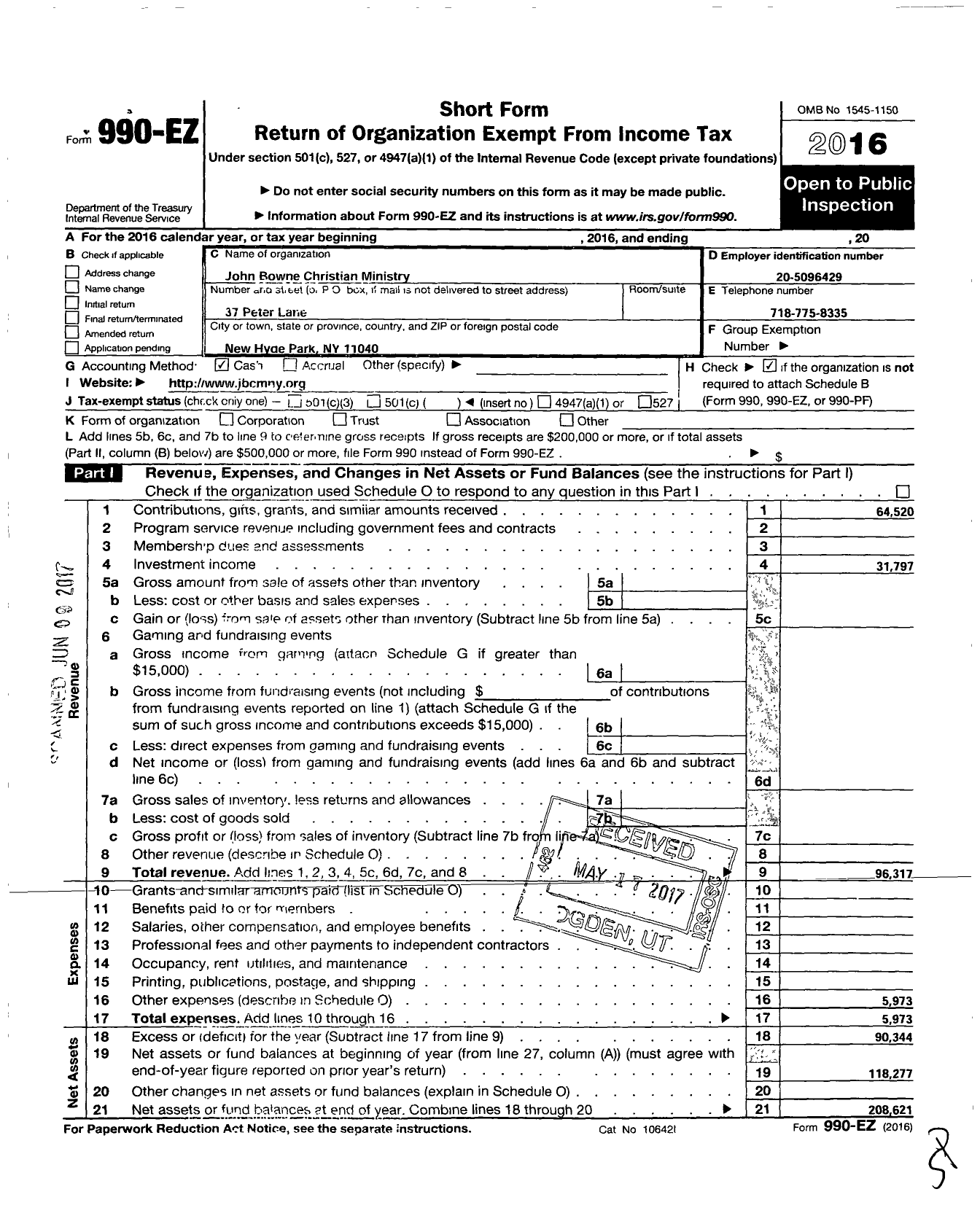 Image of first page of 2016 Form 990EO for John Bowne Christian Ministry