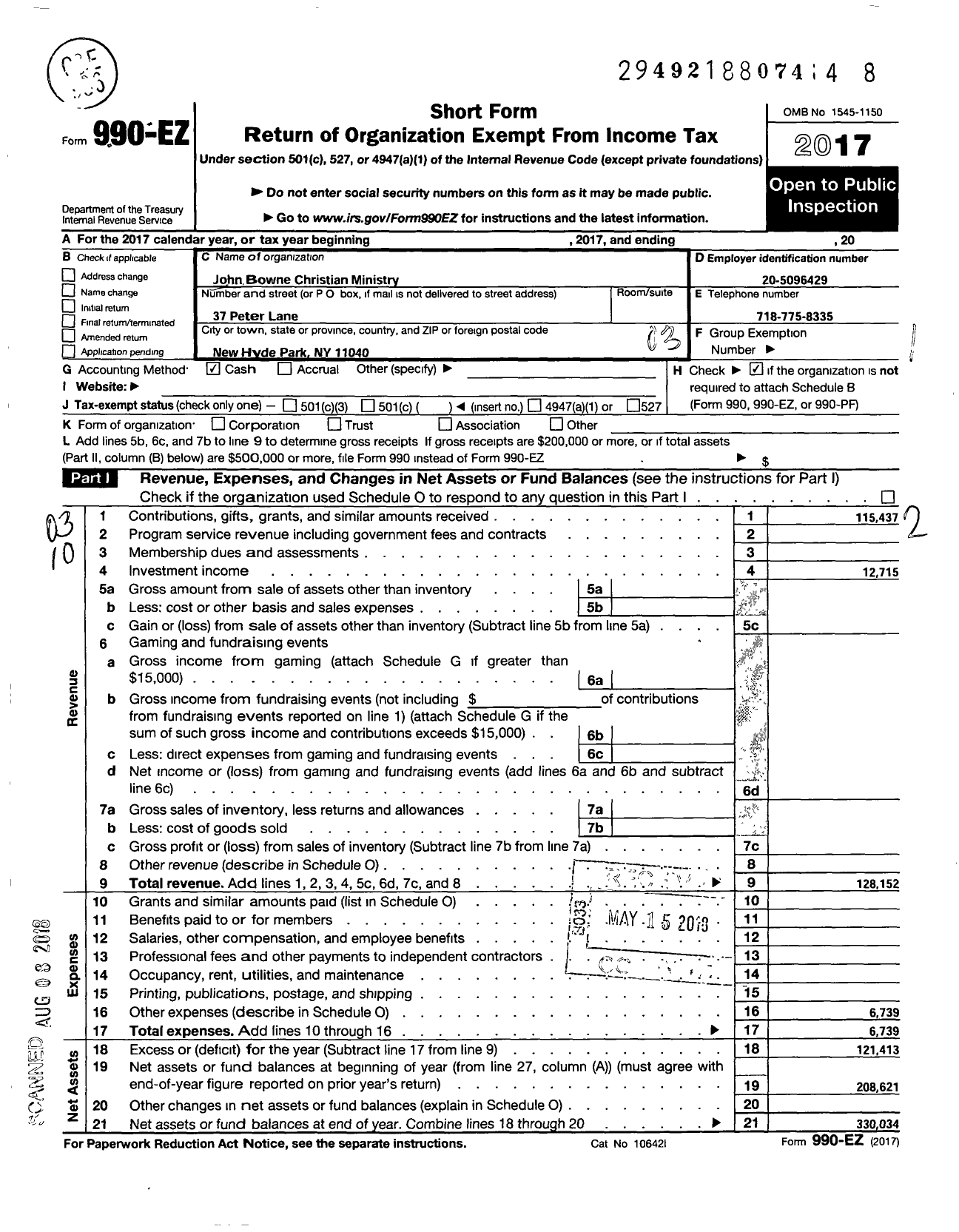 Image of first page of 2017 Form 990EZ for John Bowne Christian Ministry