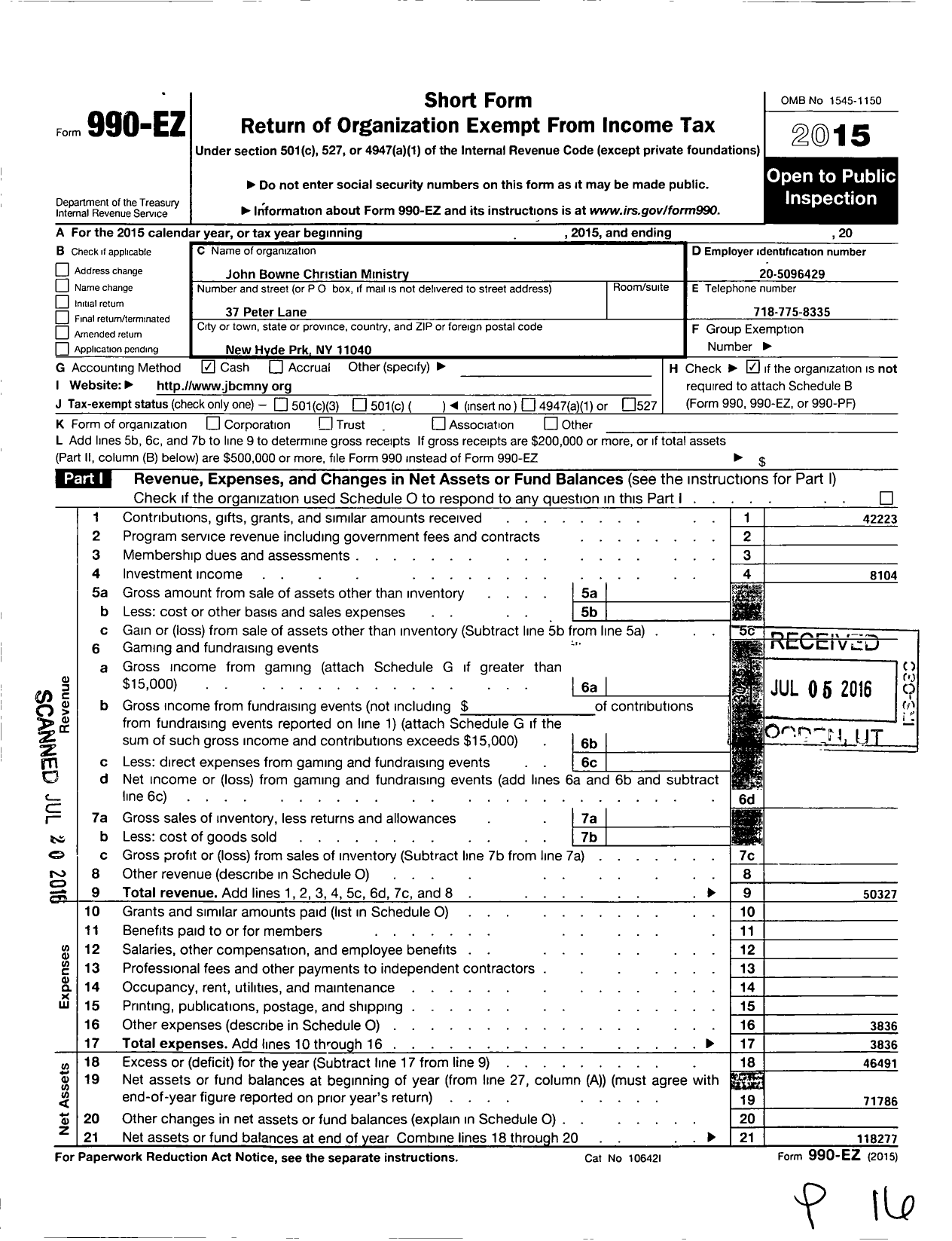 Image of first page of 2015 Form 990EO for John Bowne Christian Ministry