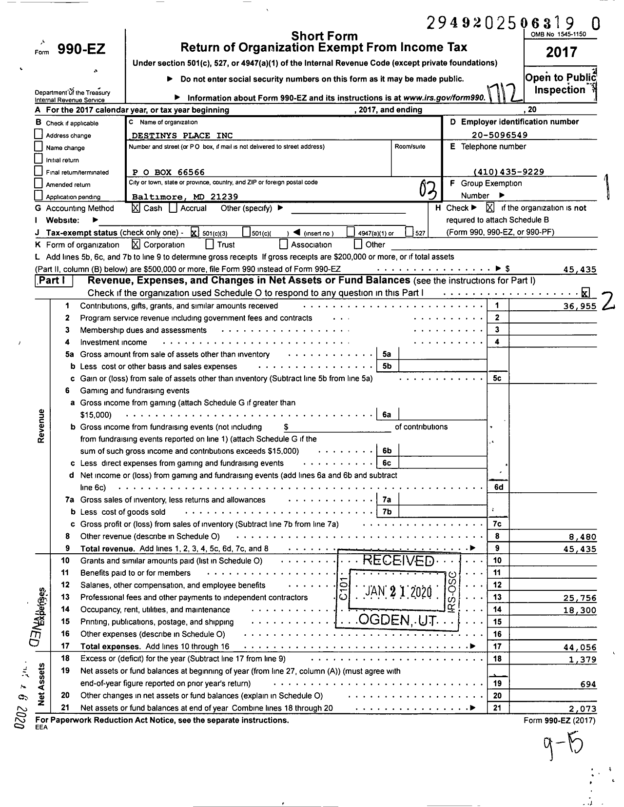 Image of first page of 2017 Form 990EZ for Destinys Place