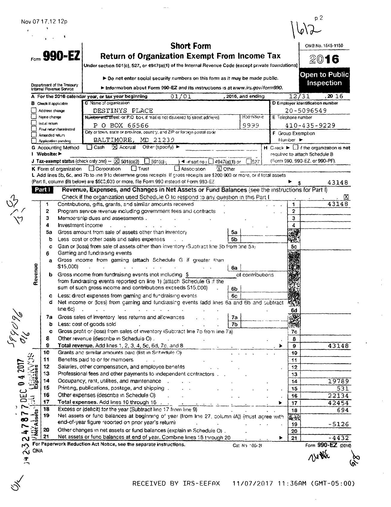 Image of first page of 2016 Form 990EZ for Destinys Place