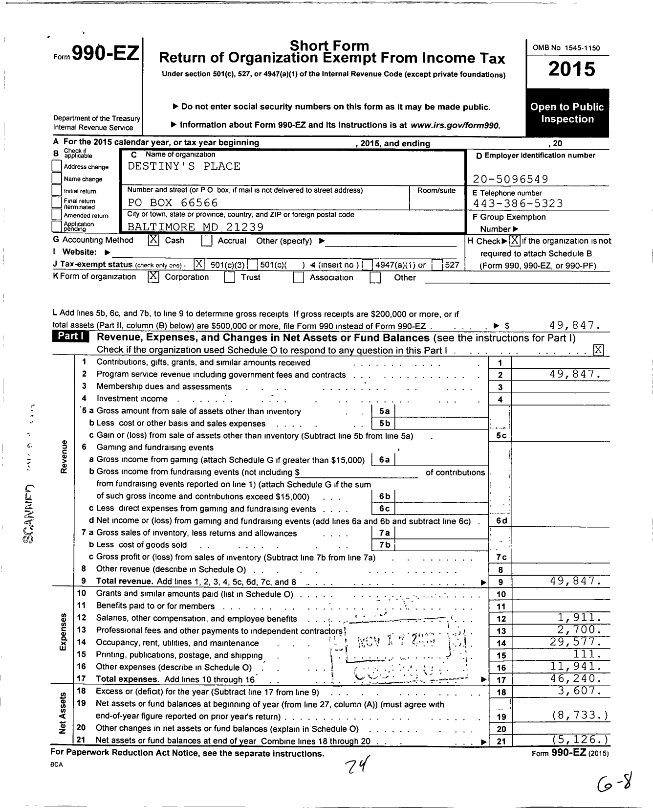 Image of first page of 2015 Form 990EZ for Destinys Place