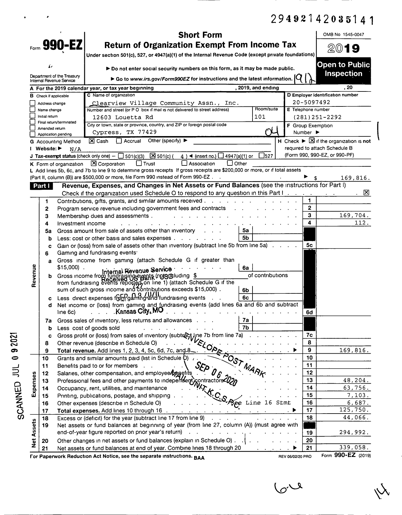 Image of first page of 2019 Form 990EO for Clearview Village Community Association