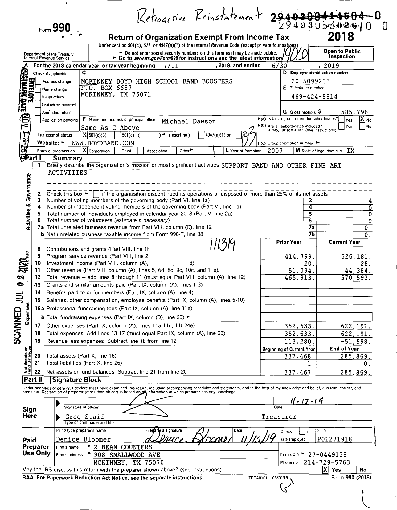 Image of first page of 2018 Form 990 for Mckinney Boyd High School Band Boosters