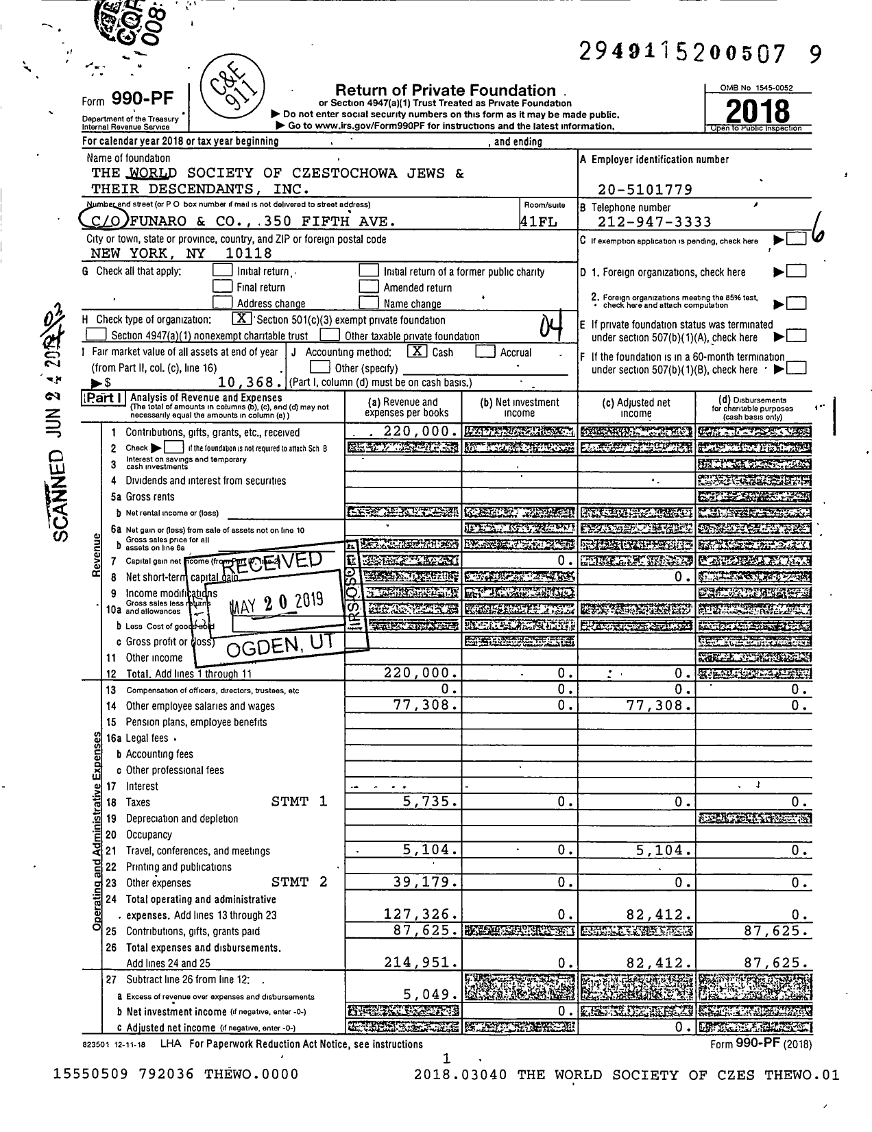 Image of first page of 2018 Form 990PF for The World Society of Czestochowa Jews and Their Descendants