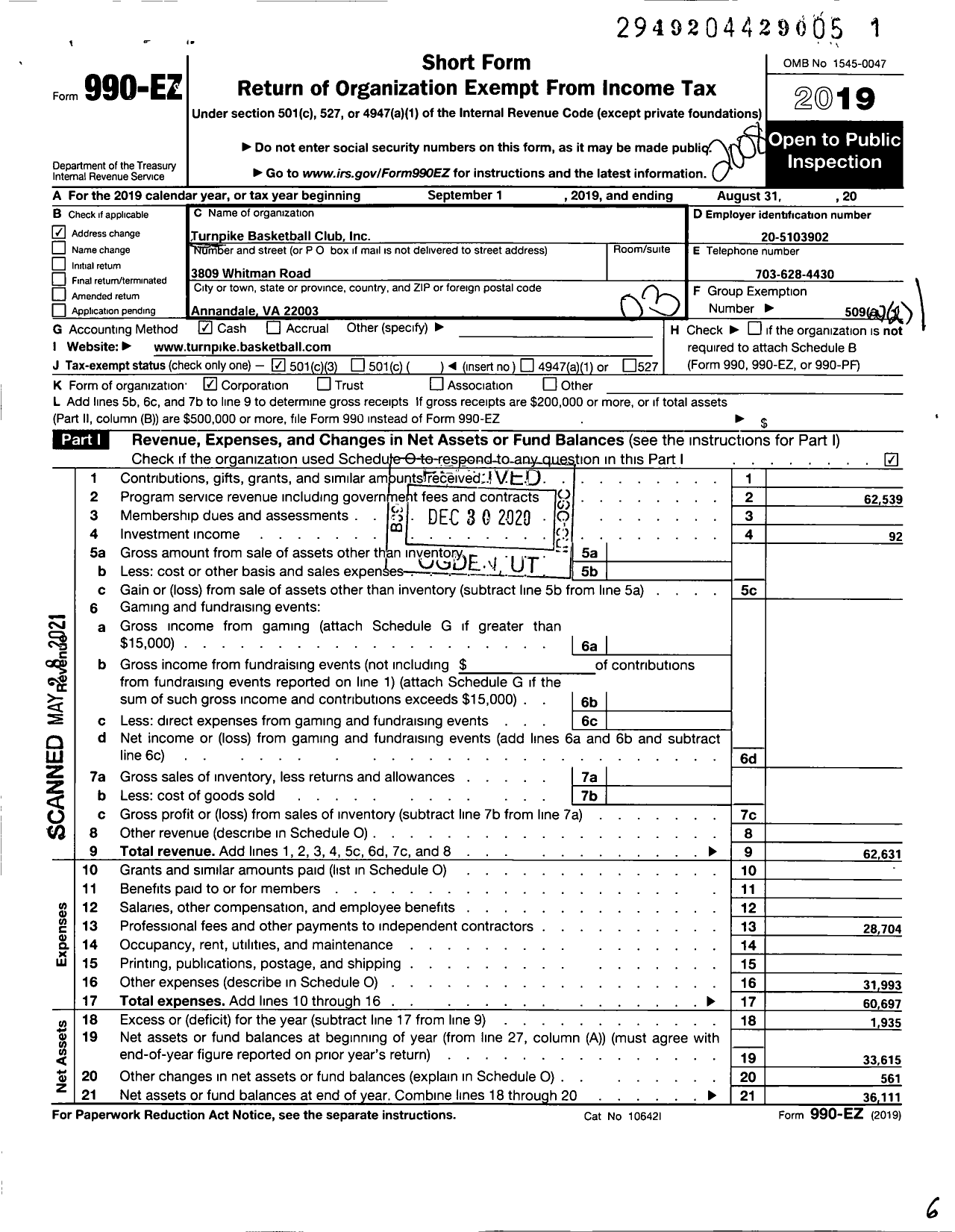 Image of first page of 2019 Form 990EZ for Turnpike Basketball Club