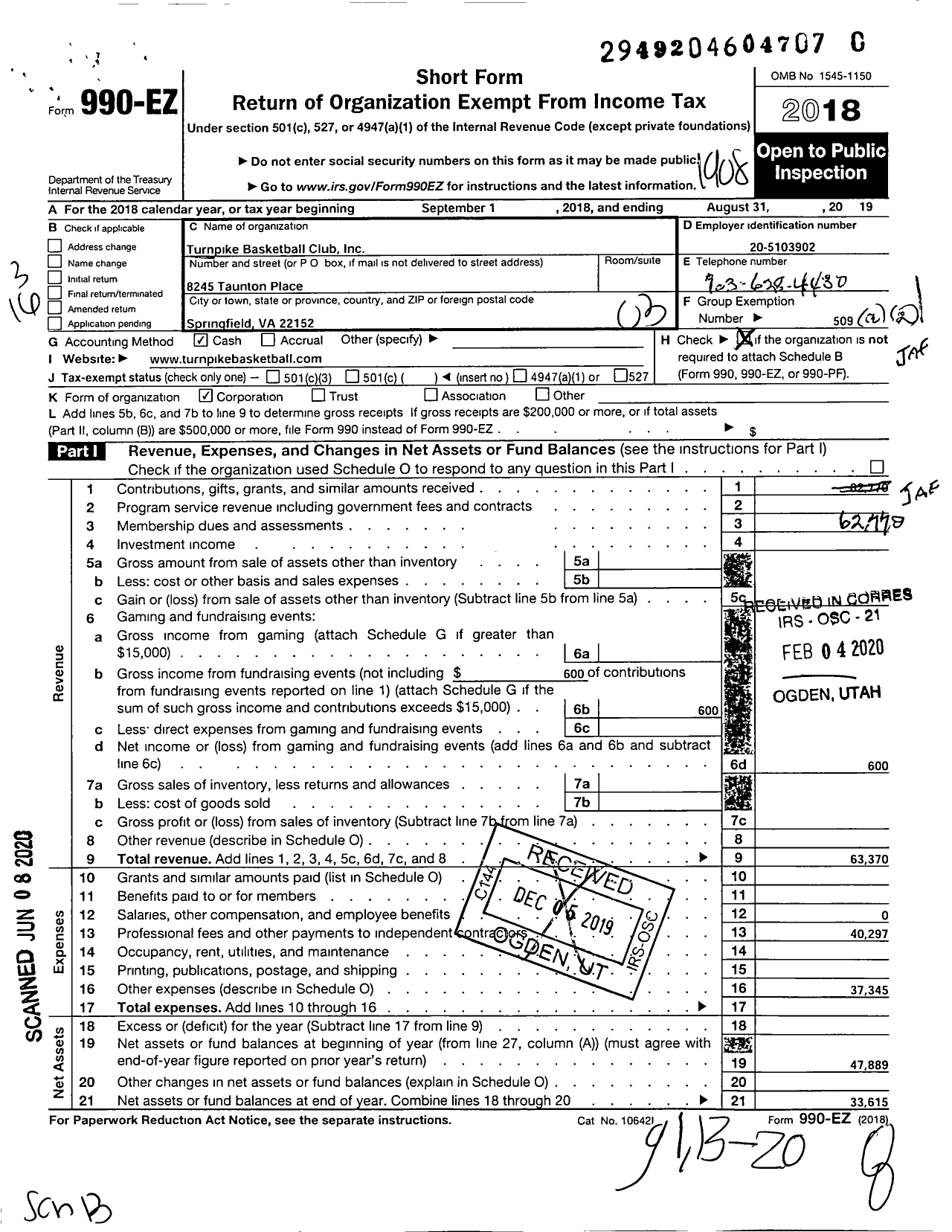 Image of first page of 2018 Form 990EZ for Turnpike Basketball Club