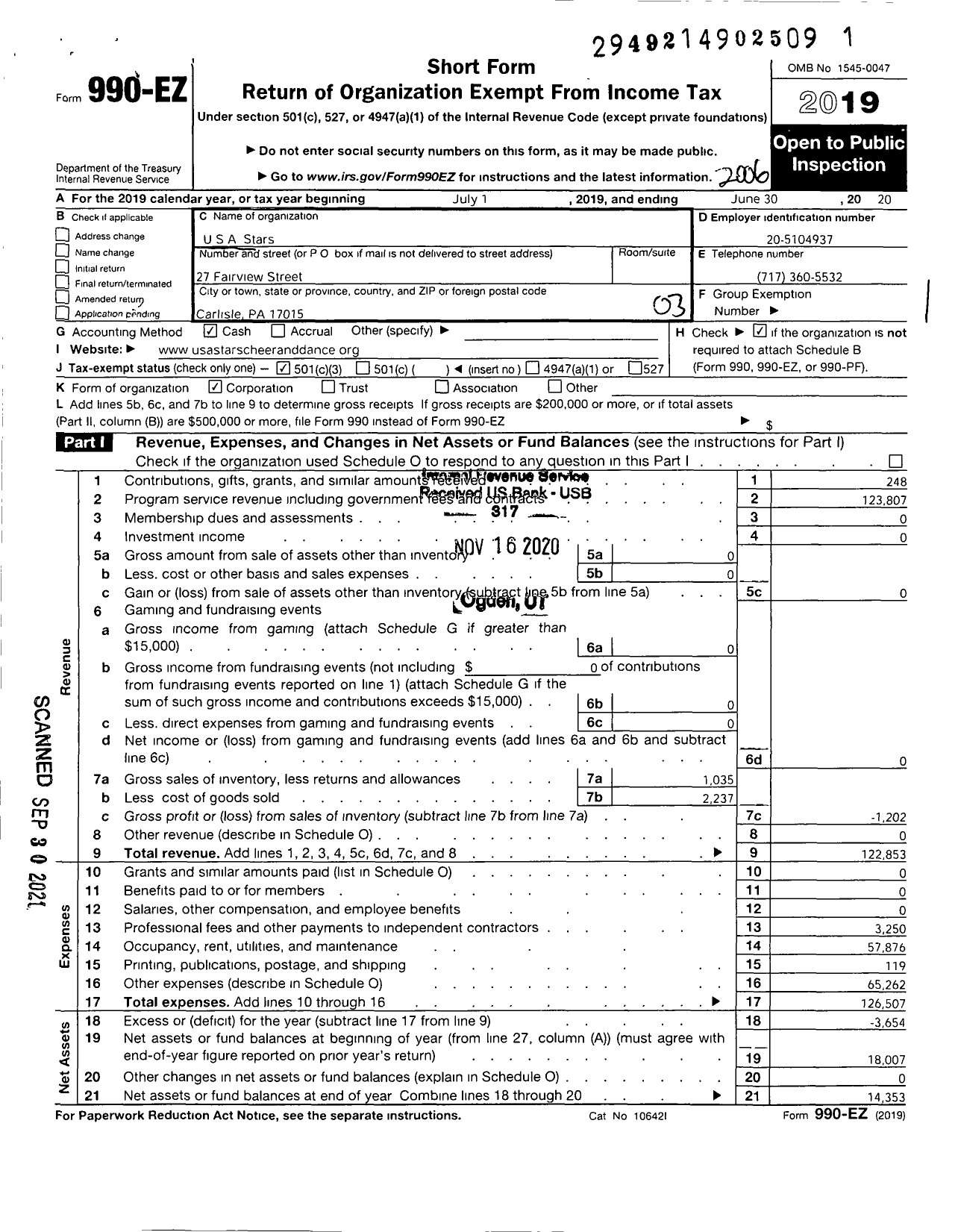 Image of first page of 2019 Form 990EZ for U S A Stars