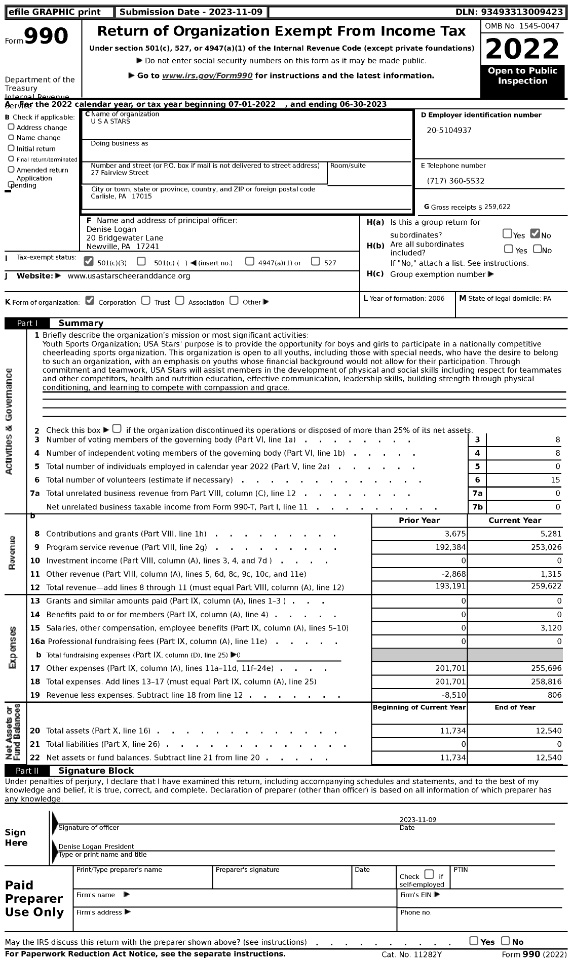 Image of first page of 2022 Form 990 for U S A Stars