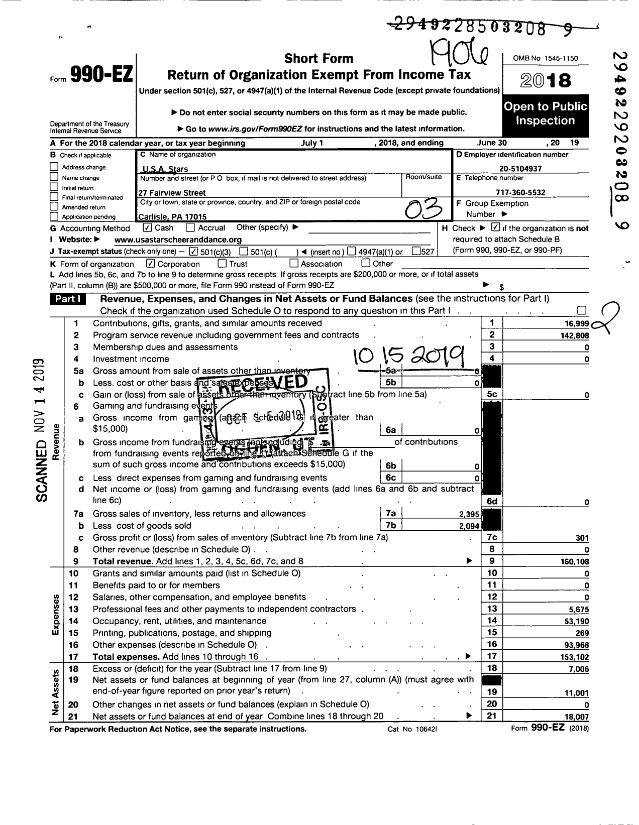 Image of first page of 2018 Form 990EZ for U S A Stars