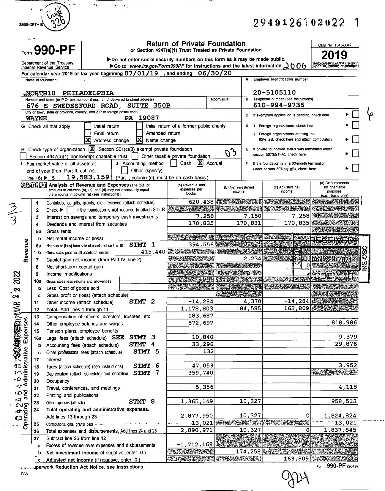 Image of first page of 2019 Form 990PF for North10 Philadelphia