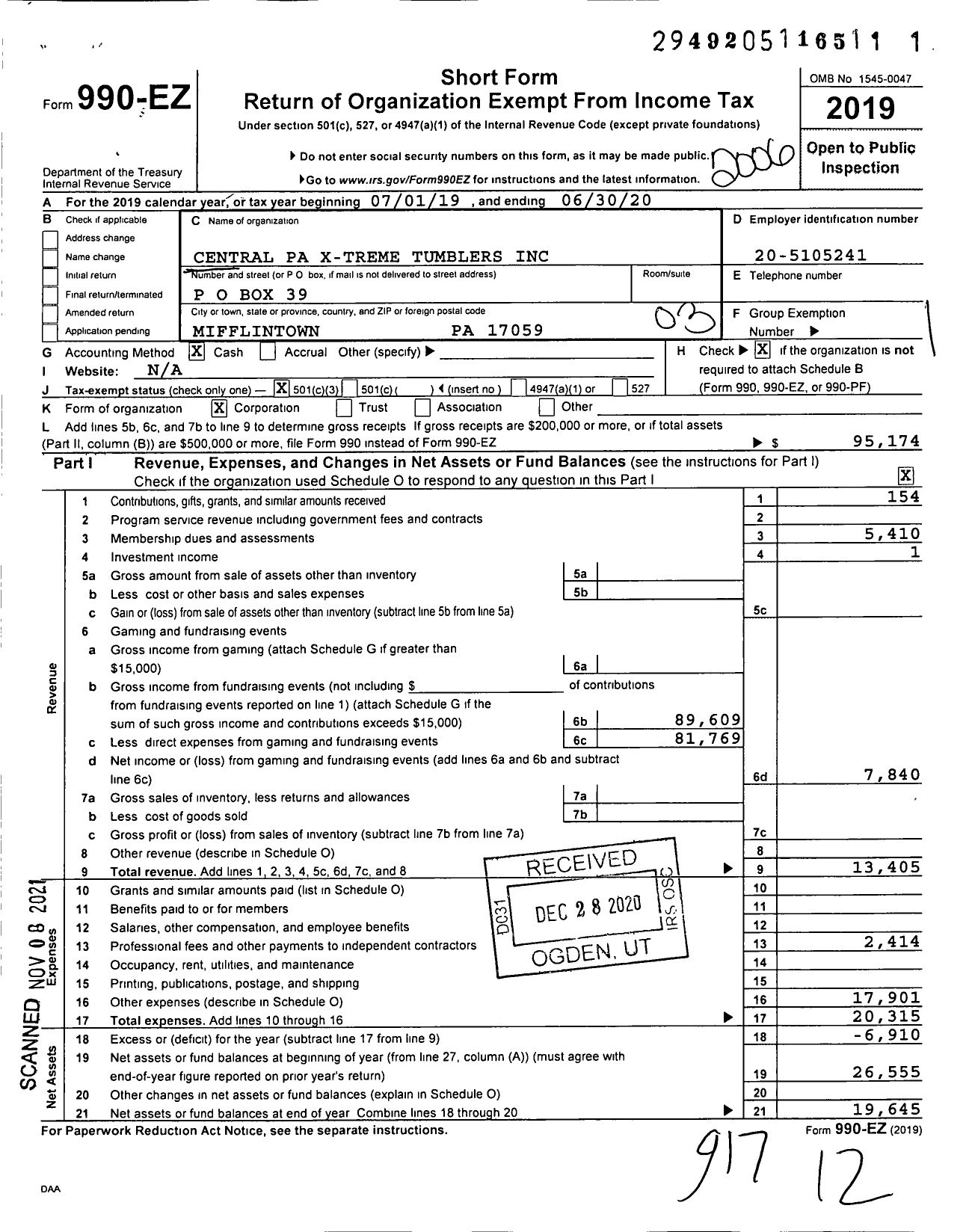 Image of first page of 2019 Form 990EZ for Central Pa X-Treme Tumblers