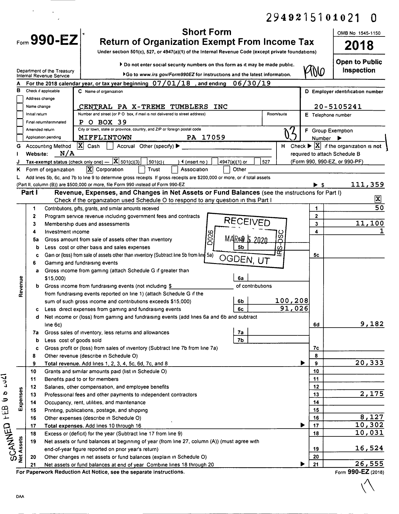 Image of first page of 2018 Form 990EZ for Central Pa X-Treme Tumblers