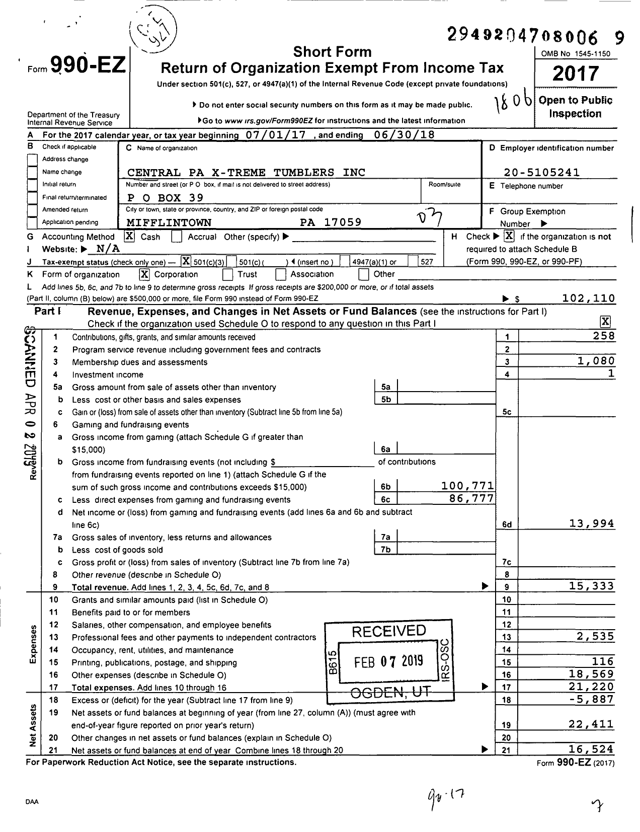 Image of first page of 2017 Form 990EZ for Central Pa X-Treme Tumblers